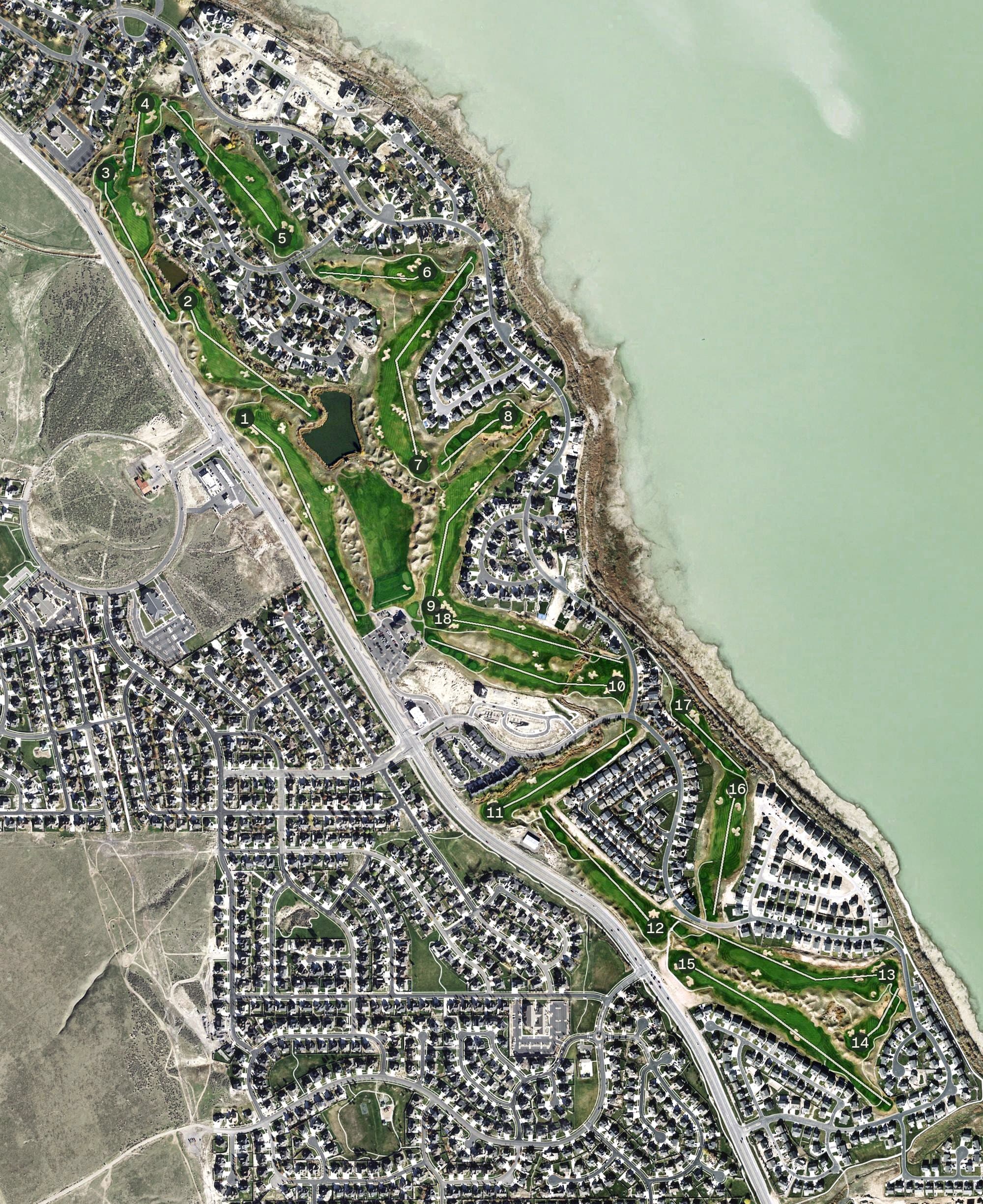 Aerial view of TalonsCove Golf Course, UT, with its hole routing marked