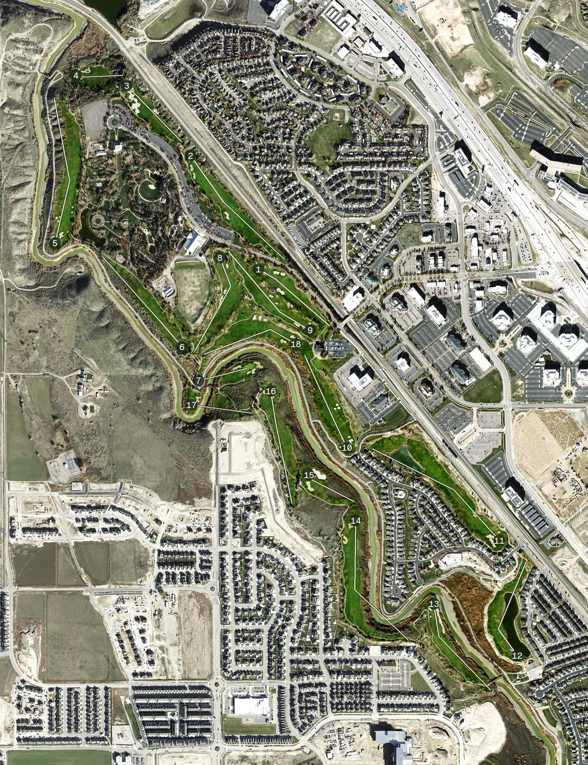 Aerial view of Thanksgiving Point Golf Club, UT, with its hole routing marked