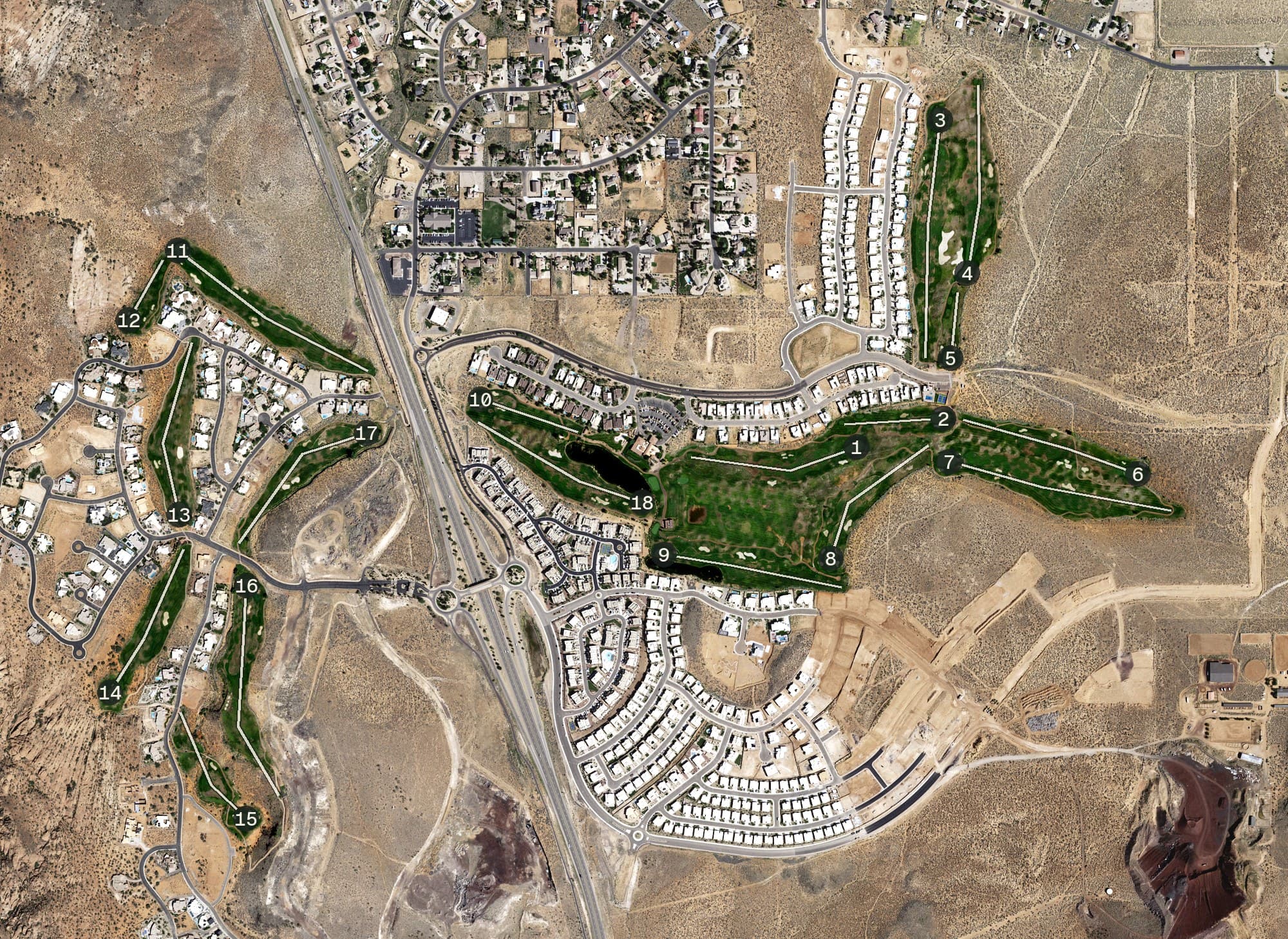 Aerial view of The Ledges Golf Course, UT, with its hole routing marked