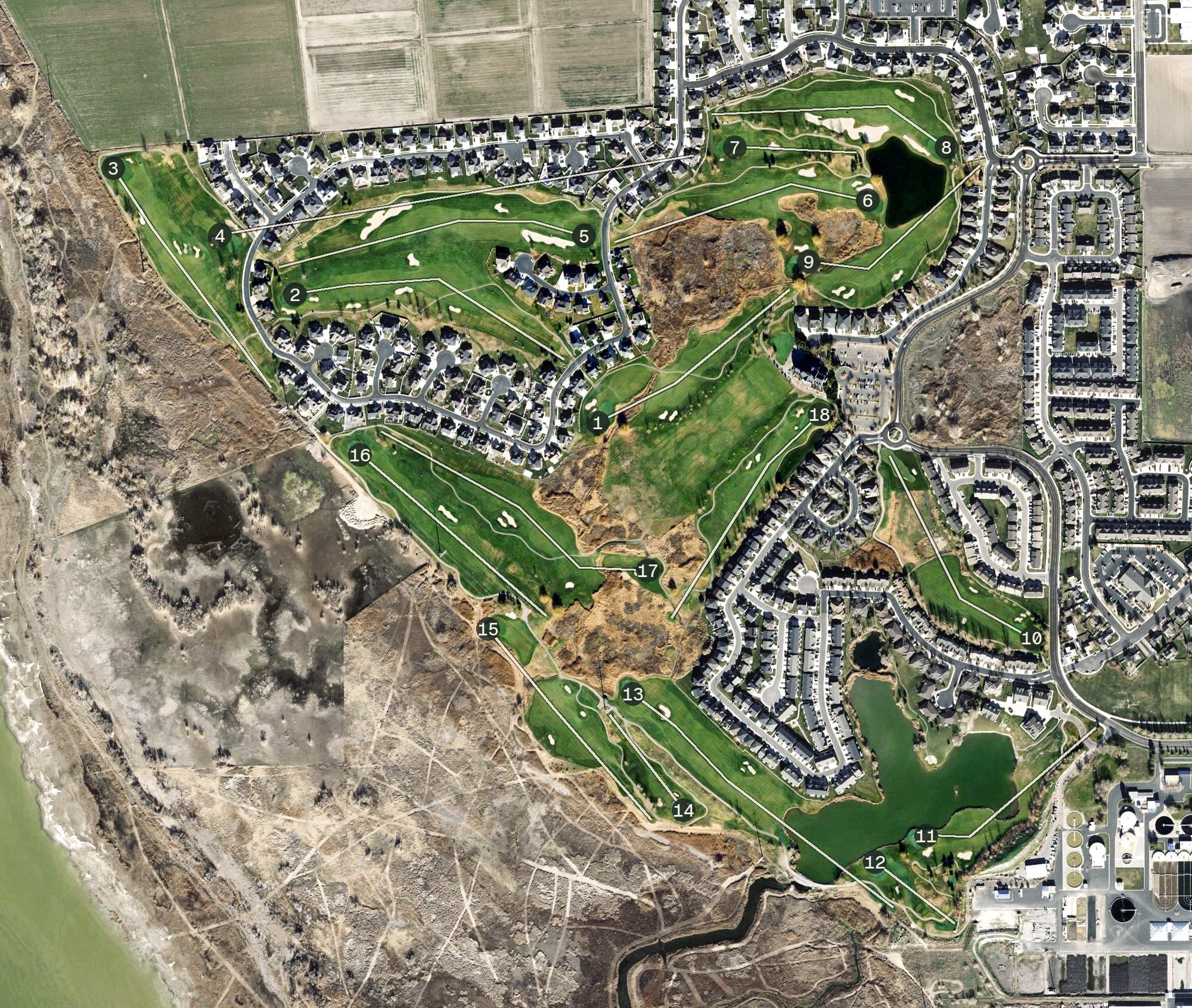 Aerial view of The Links at Sleepy Ridge, UT, with its hole routing marked