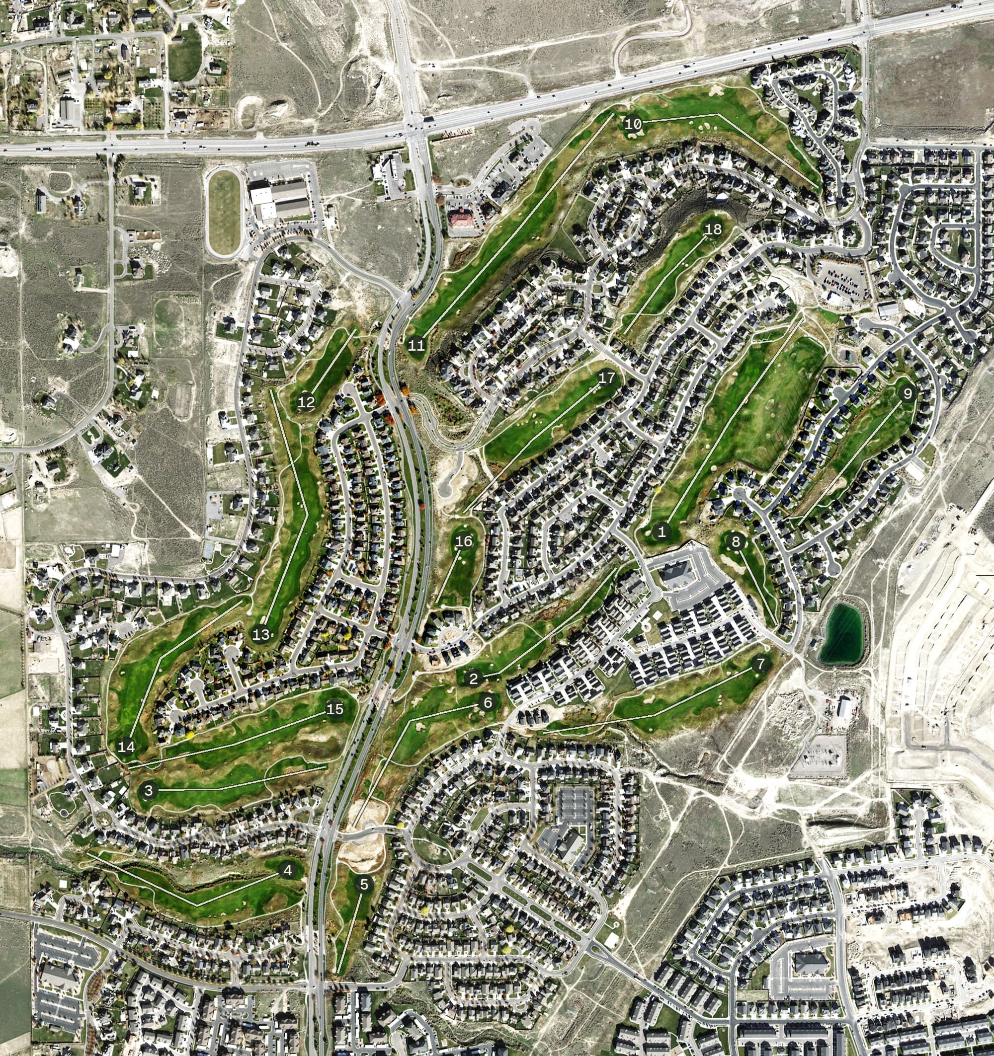 Aerial view of The Ranches Golf Club, UT, with its hole routing marked