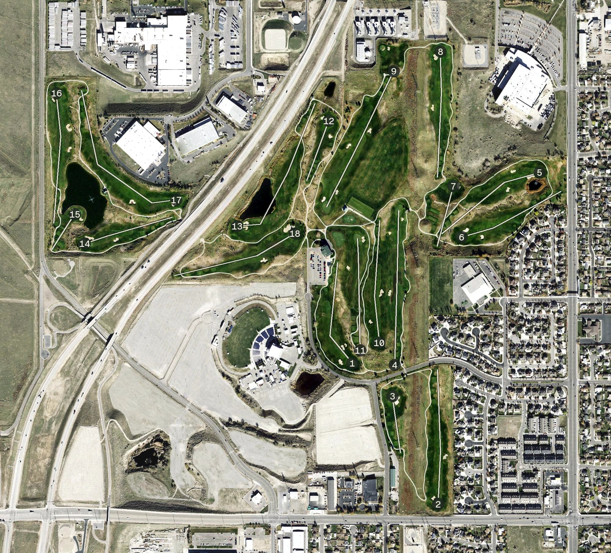 Aerial view of The Ridge Golf Club, UT, with its hole routing marked
