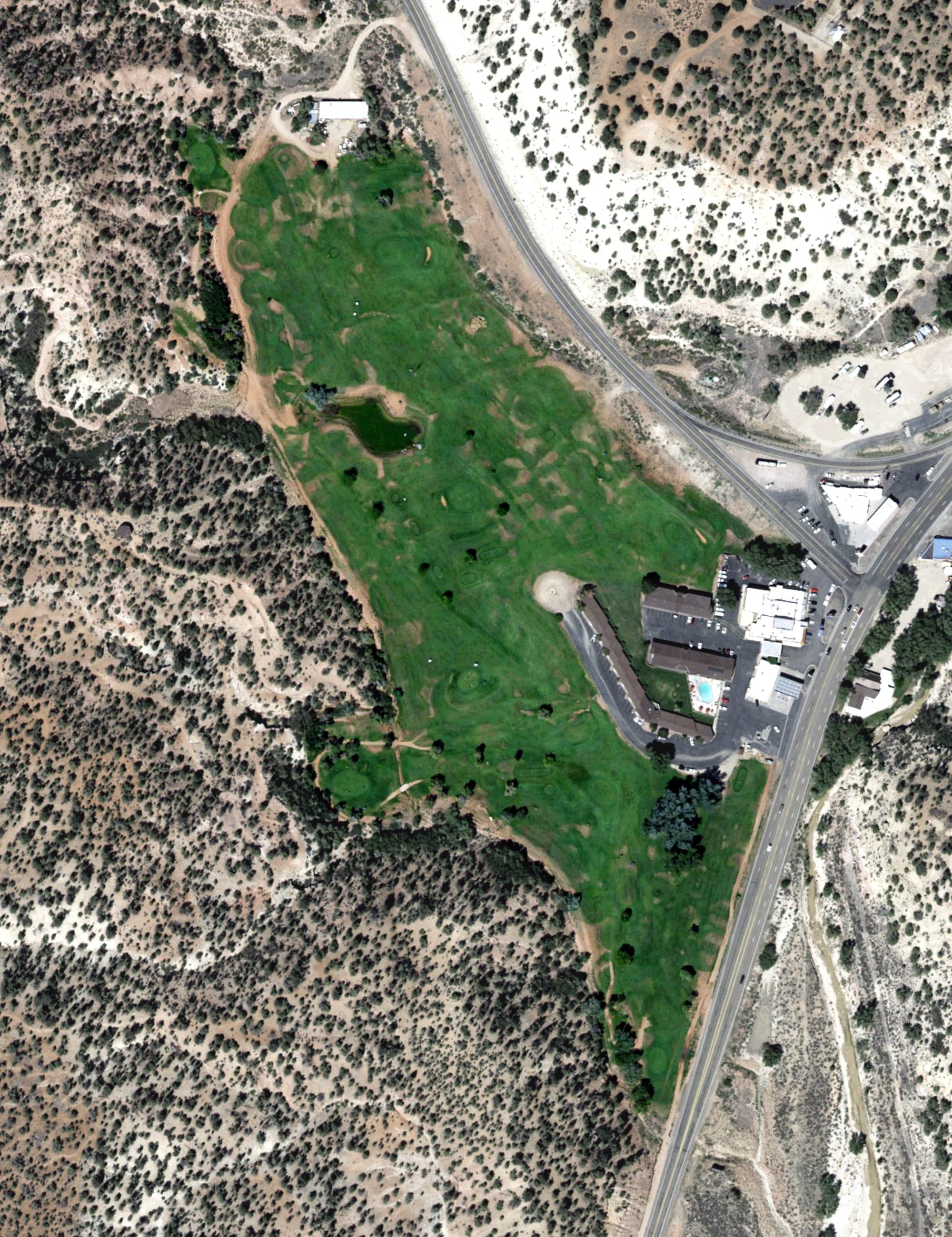 Aerial view of Thunderbird Golf Course, UT, with its hole routing marked