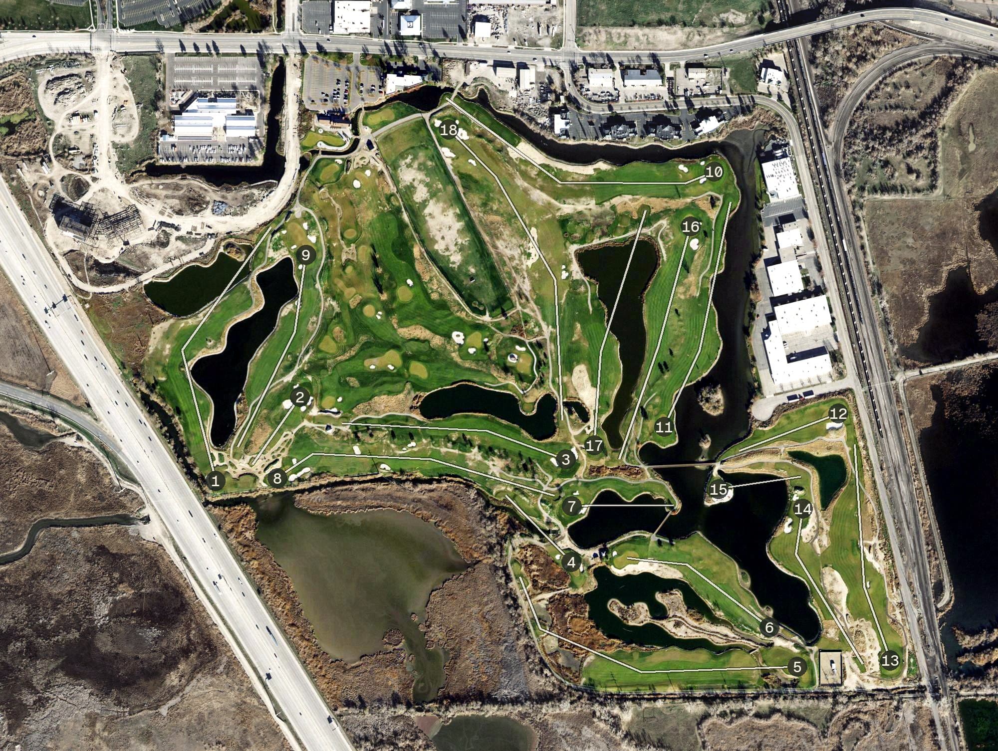 Aerial view of Timpanogos Golf Course, UT, with its hole routing marked