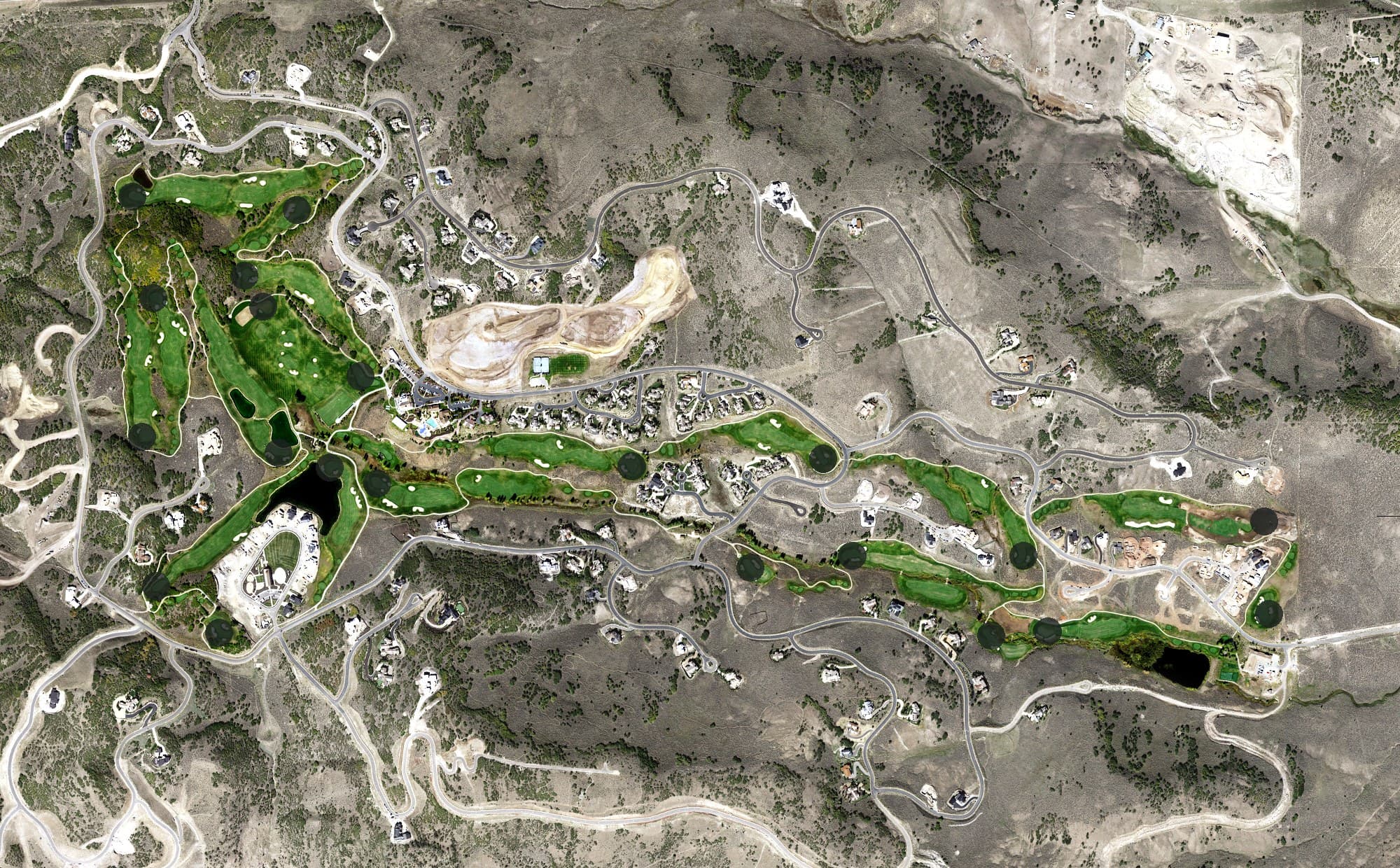 Aerial view of Tuhaye Golf Course (Talisker Club), UT, with its hole routing marked