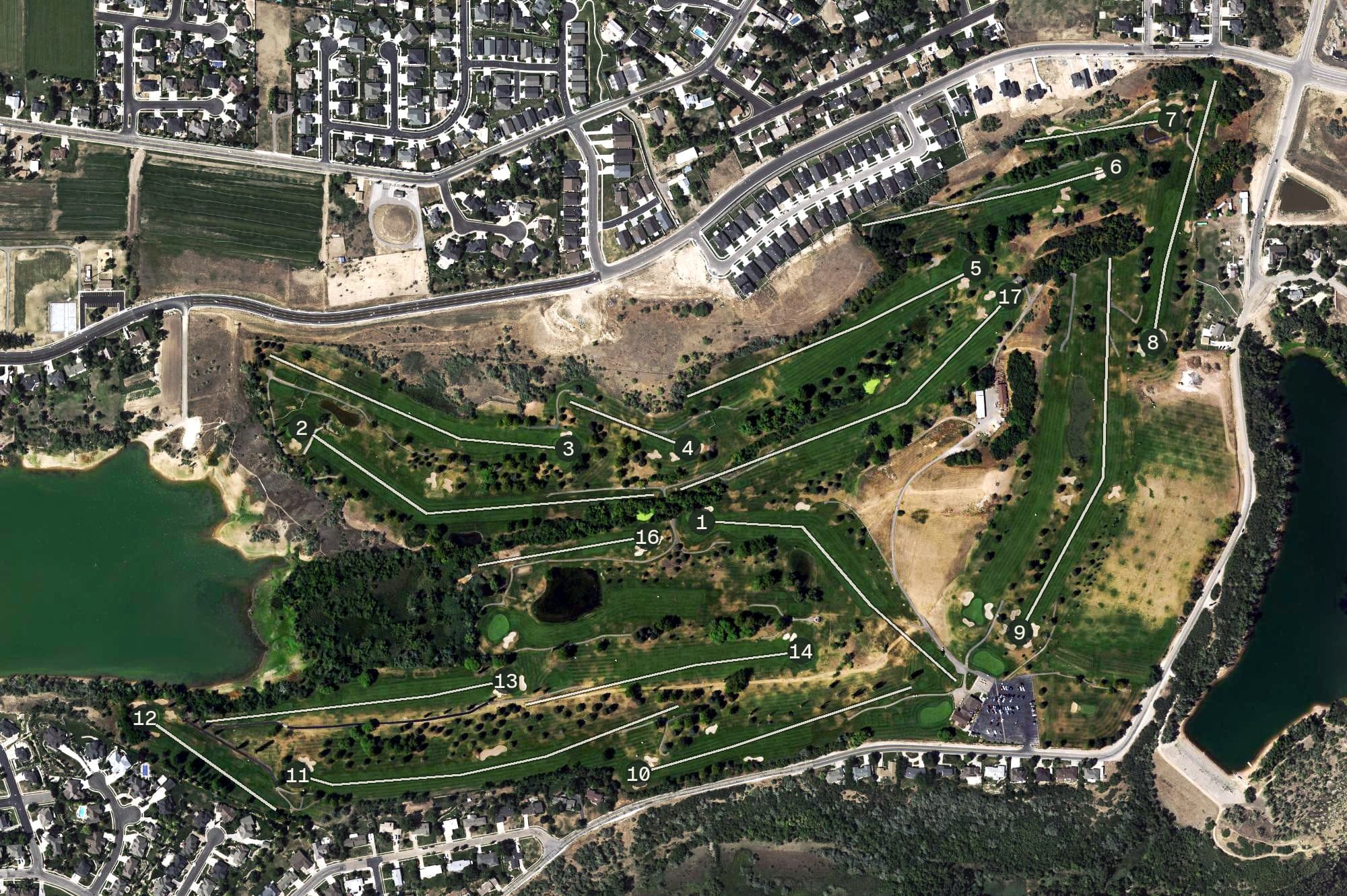 Aerial view of Valley View Golf Course, UT, with its hole routing marked