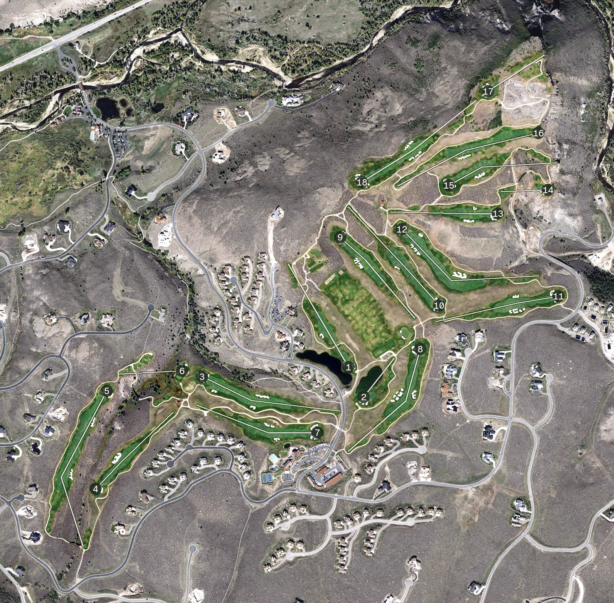 Aerial view of Victory Ranch Golf Club, UT, with its hole routing marked
