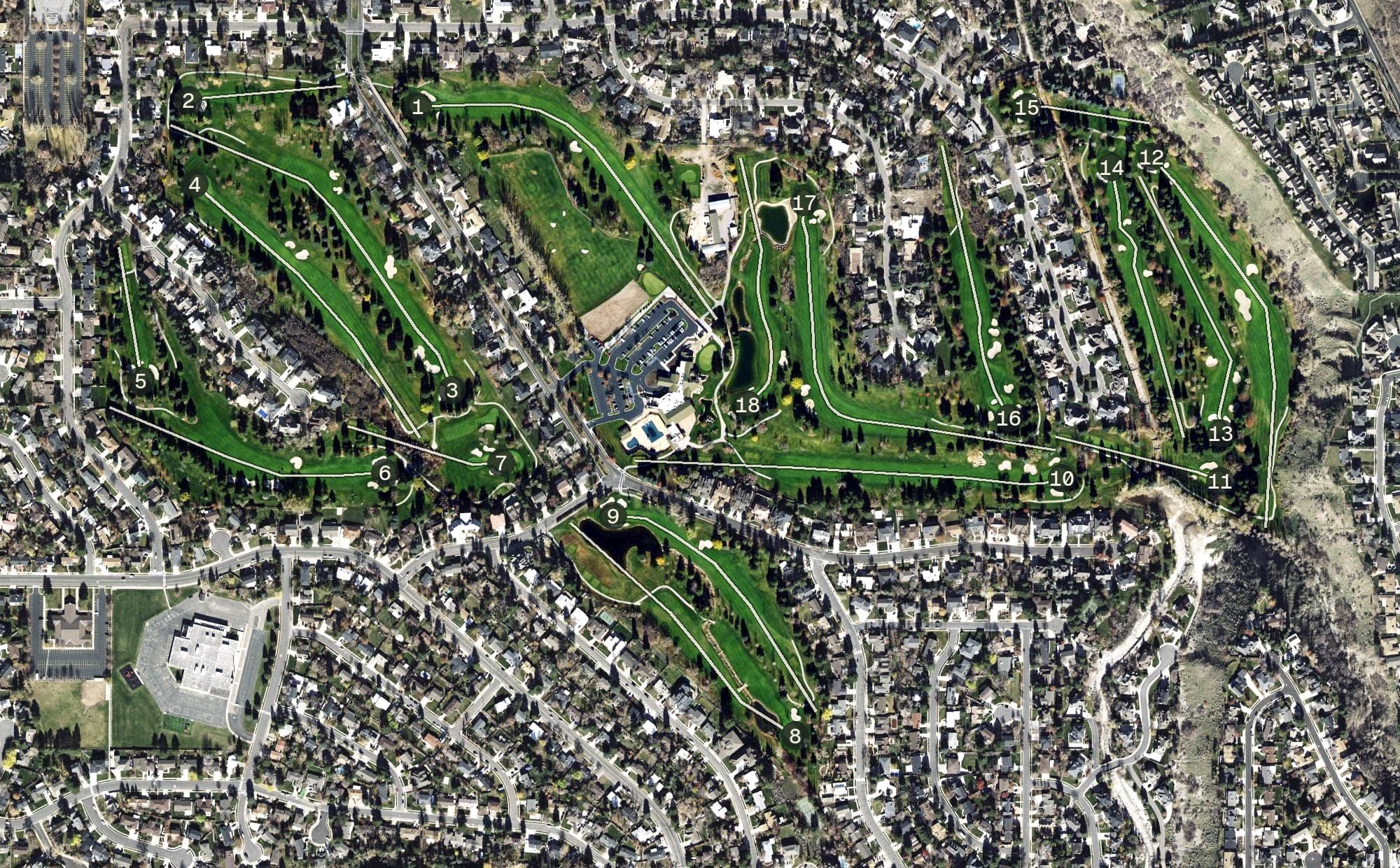 Aerial view of Willow Creek Country Club, UT, with its hole routing marked