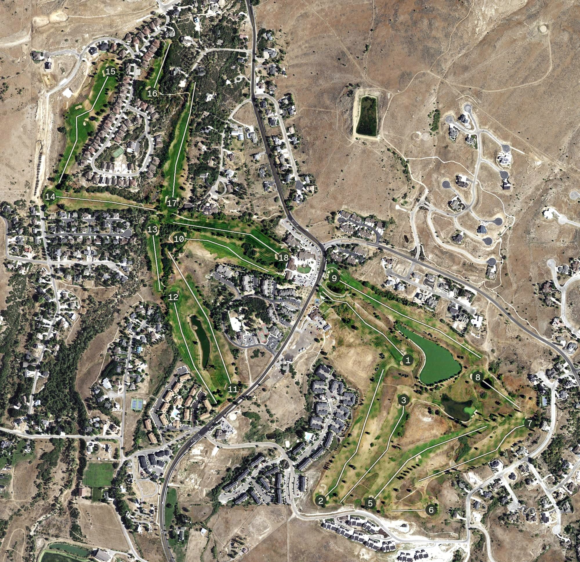 Aerial view of Wolf Creek Golf Course, UT, with its hole routing marked