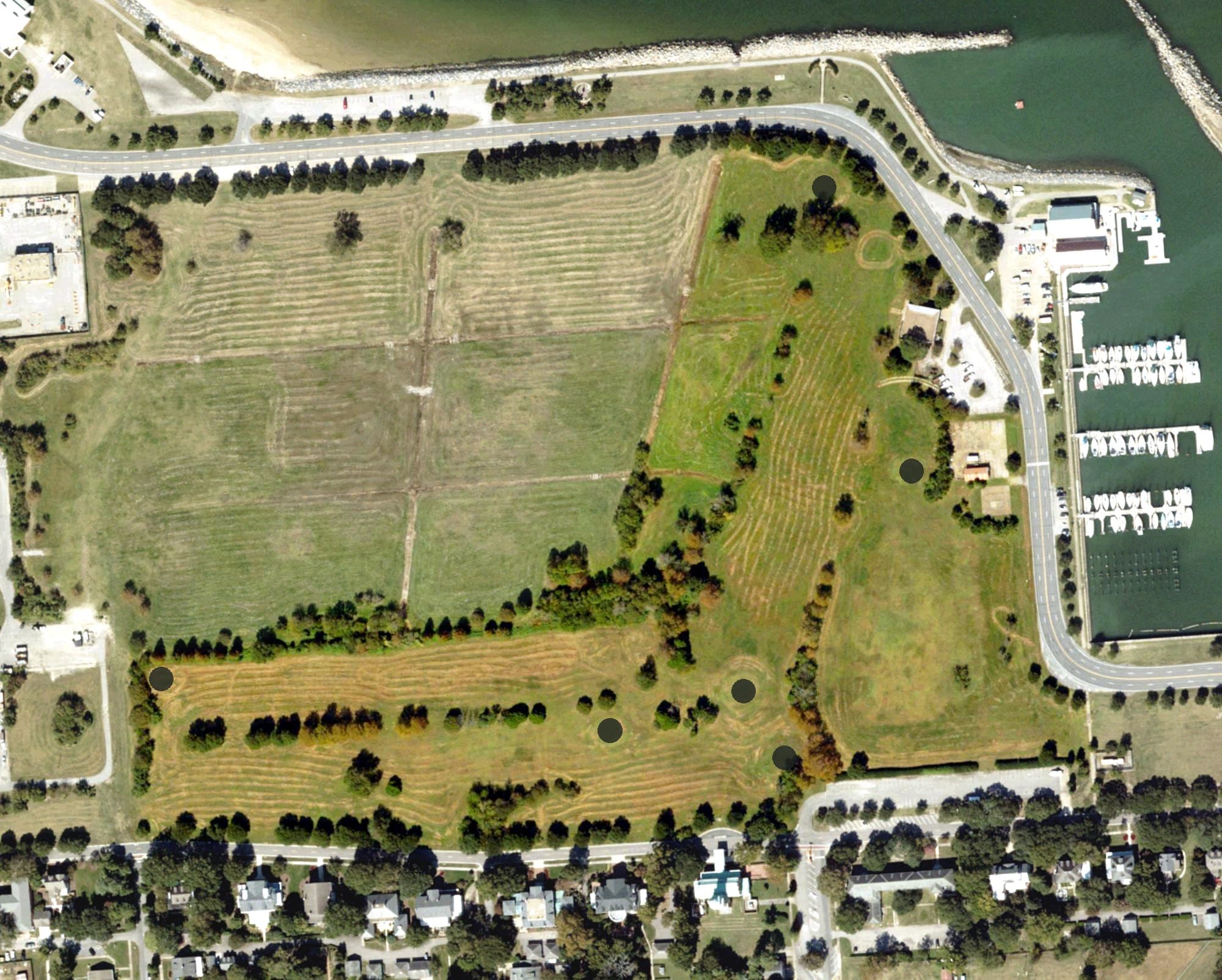 Aerial view of 5 Hole Golf Course, VA, with its hole routing marked