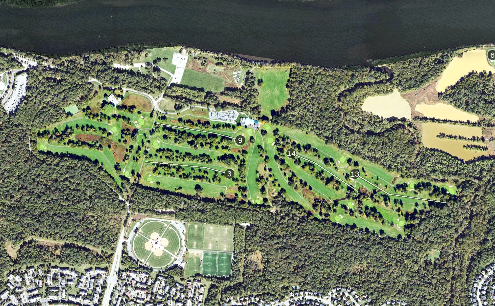Aerial view of Algonkian Regional Park Golf Course, VA, with its hole routing marked