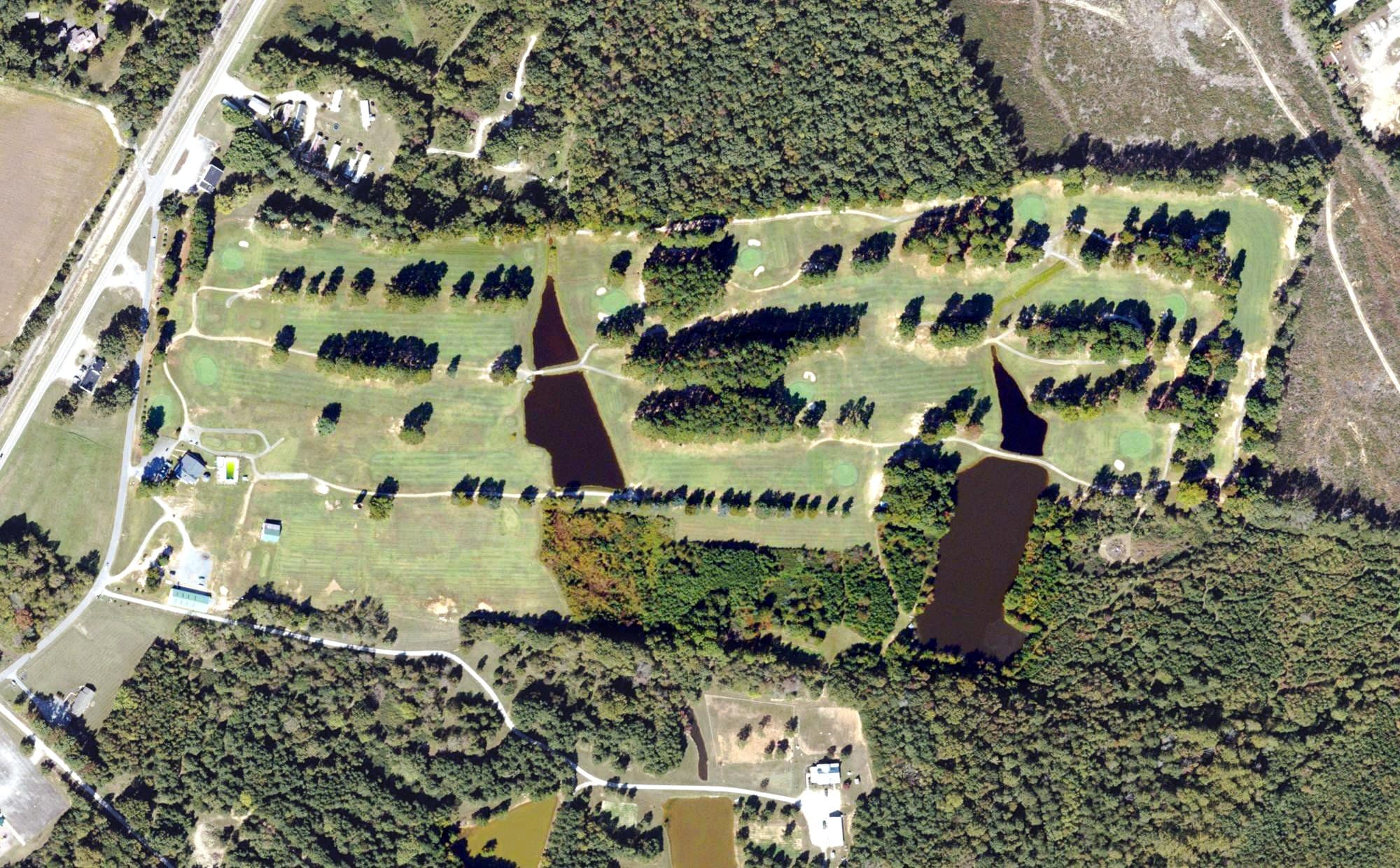 Aerial view of Amelia Golf & Country Club, VA, with its hole routing marked
