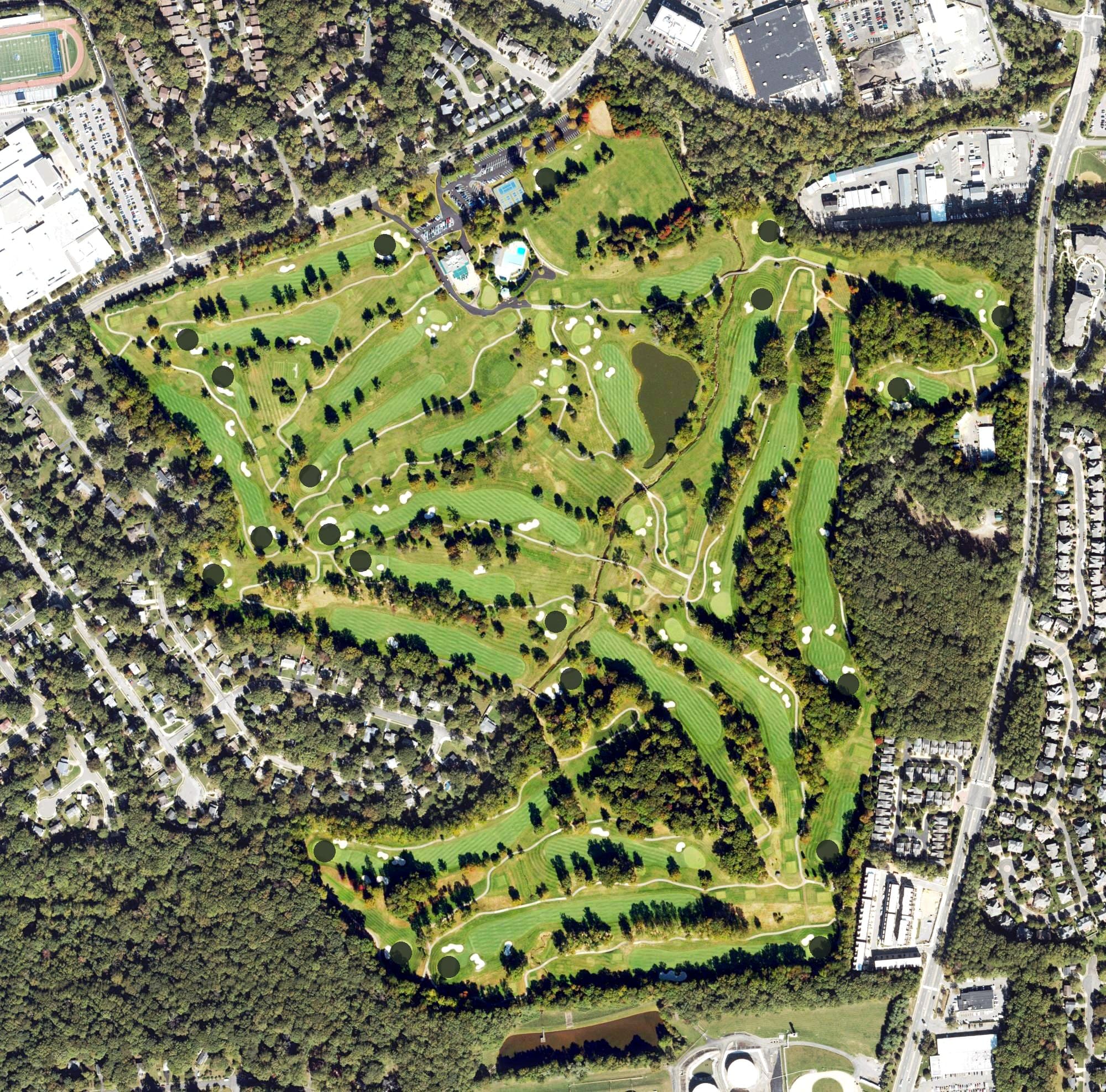 Aerial view of Army Navy Country Club, VA, with its hole routing marked