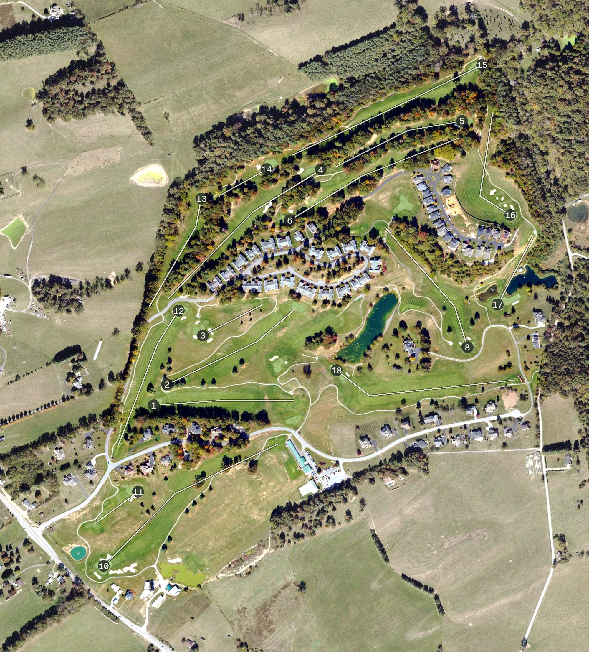 Aerial view of Auburn Hills, VA, with its hole routing marked