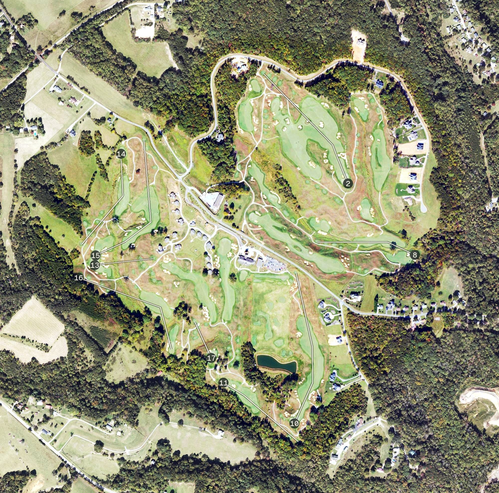 Aerial view of Ballyhack Golf Club, VA, with its hole routing marked