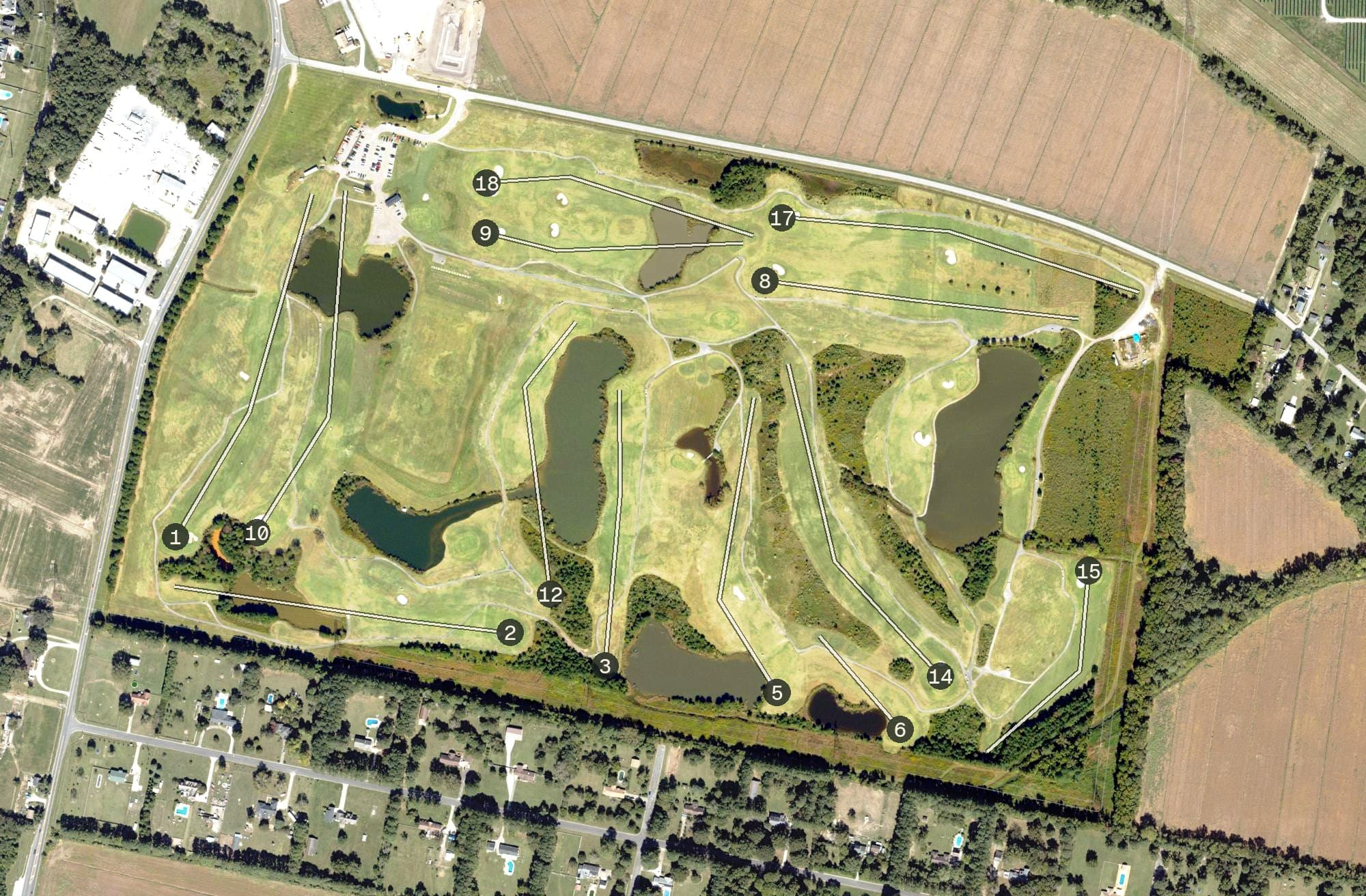 Aerial view of Battlefield Golf Club, VA, with its hole routing marked