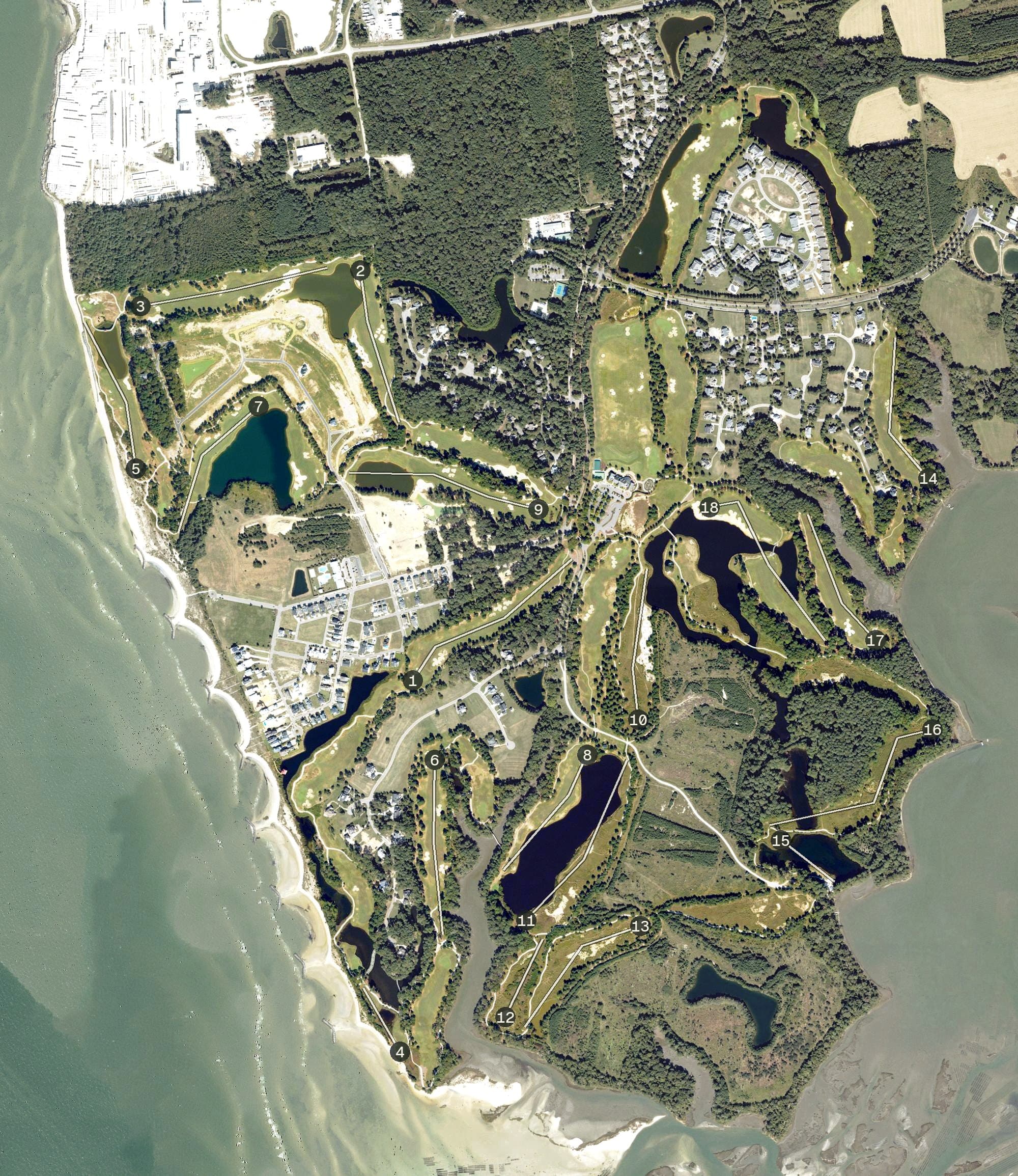 Aerial view of Bay Creek Golf Course, VA, with its hole routing marked