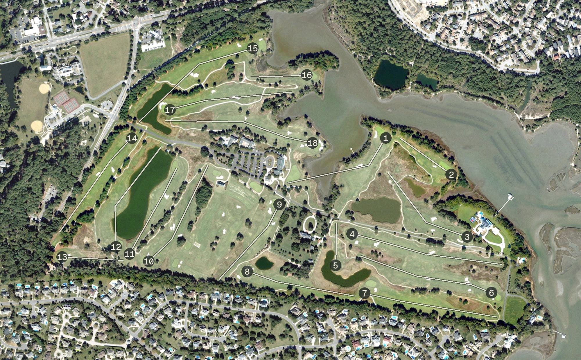 Aerial view of Bayville Golf Club, VA, with its hole routing marked