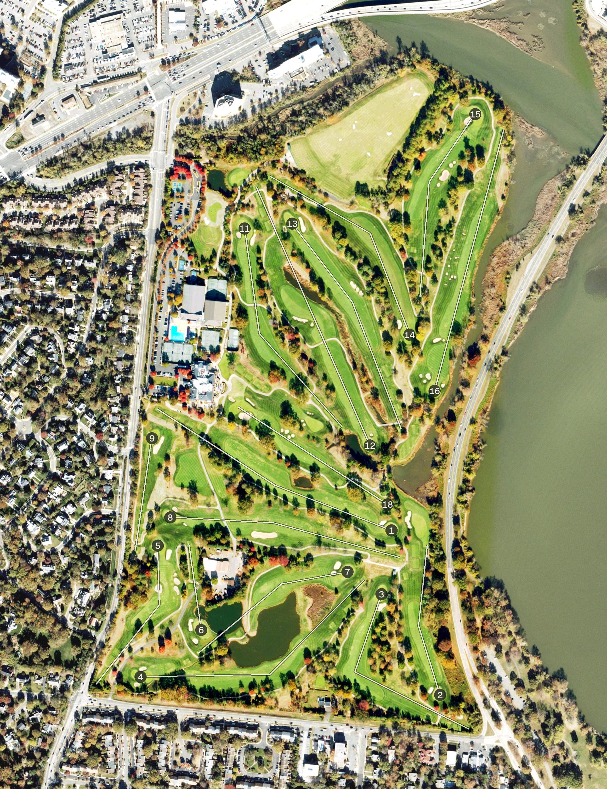 Aerial view of Belle Haven Country Club, VA, with its hole routing marked