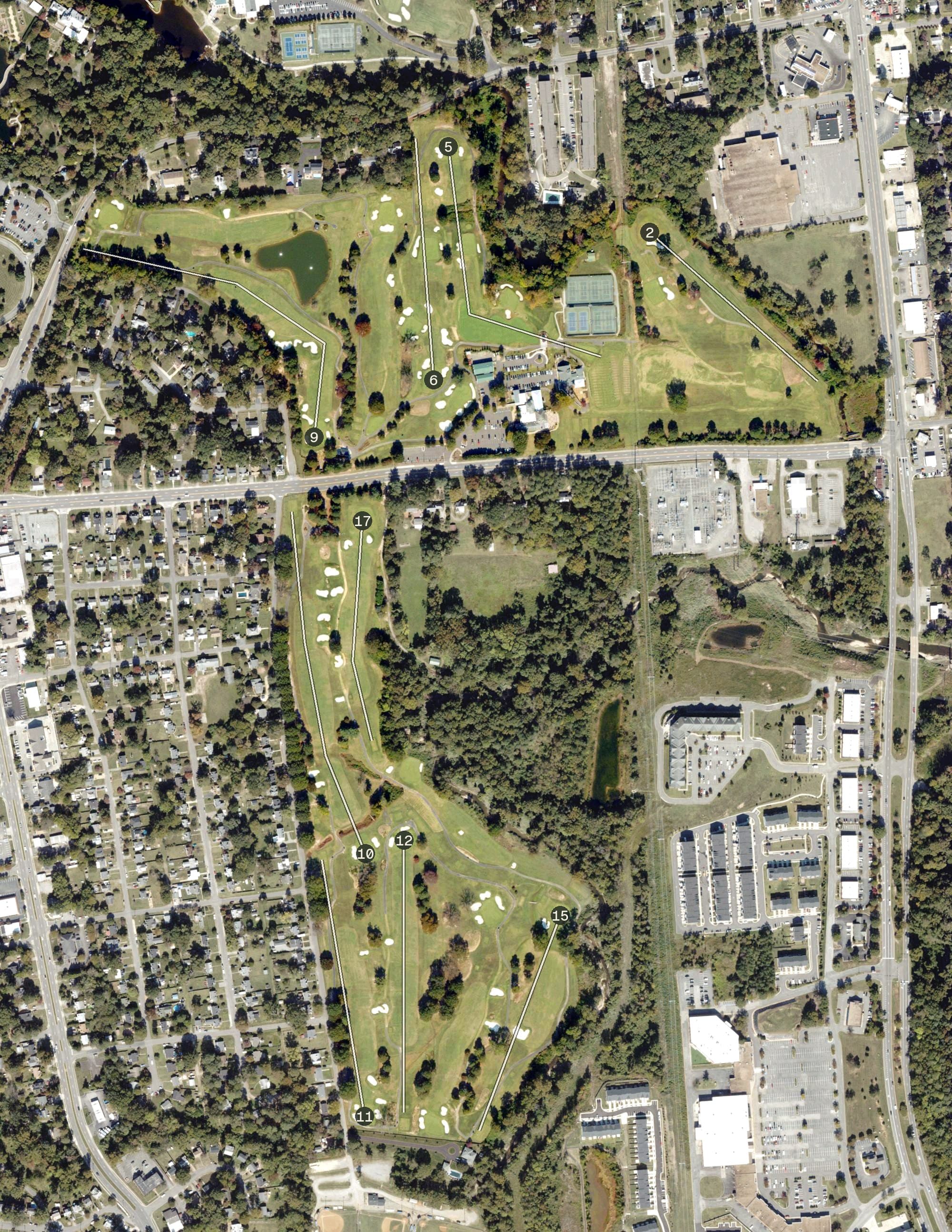 Aerial view of Belmont Golf Course & Recreation Center, VA, with its hole routing marked