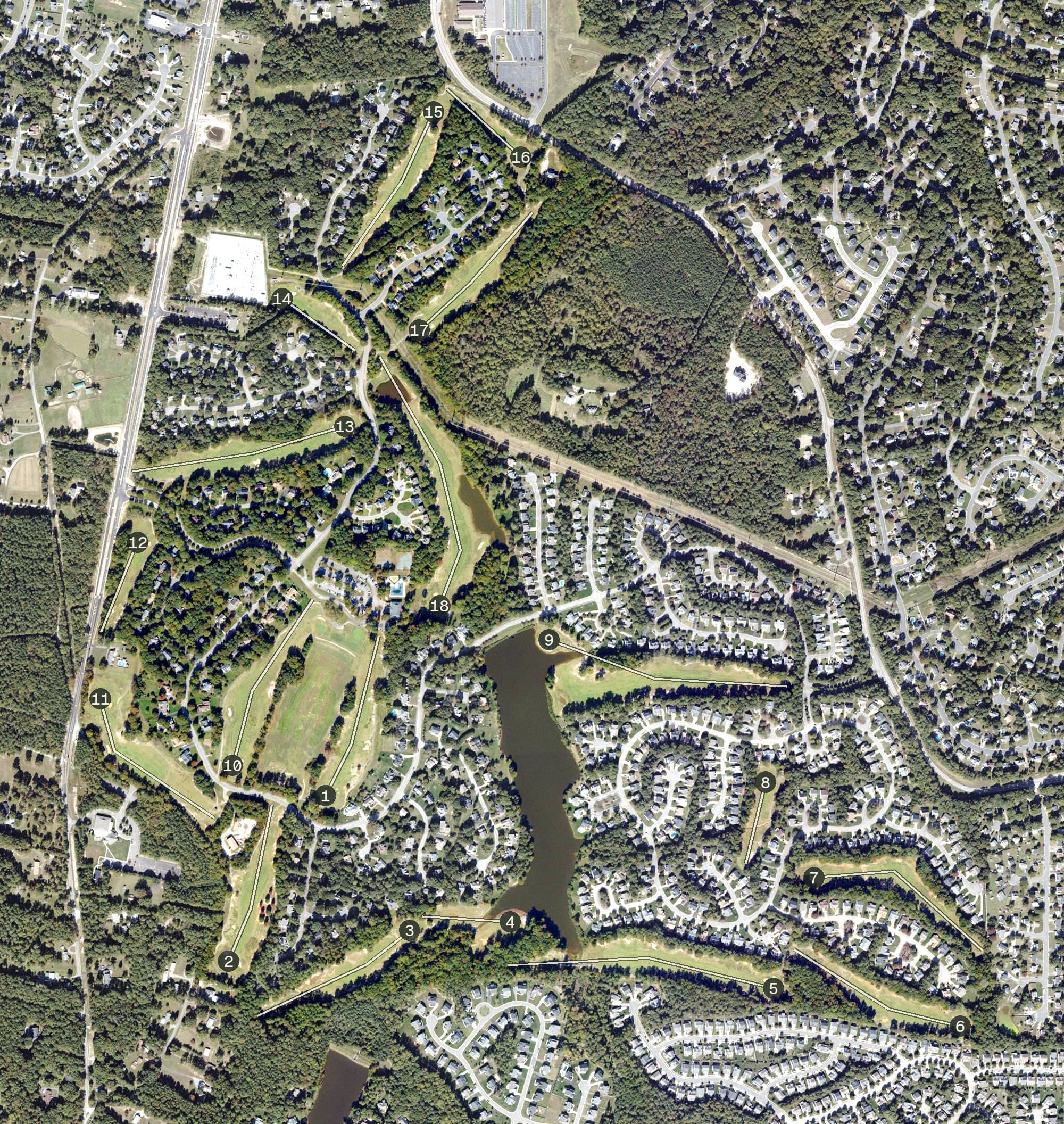 Aerial view of Birkdale Golf Club, VA, with its hole routing marked