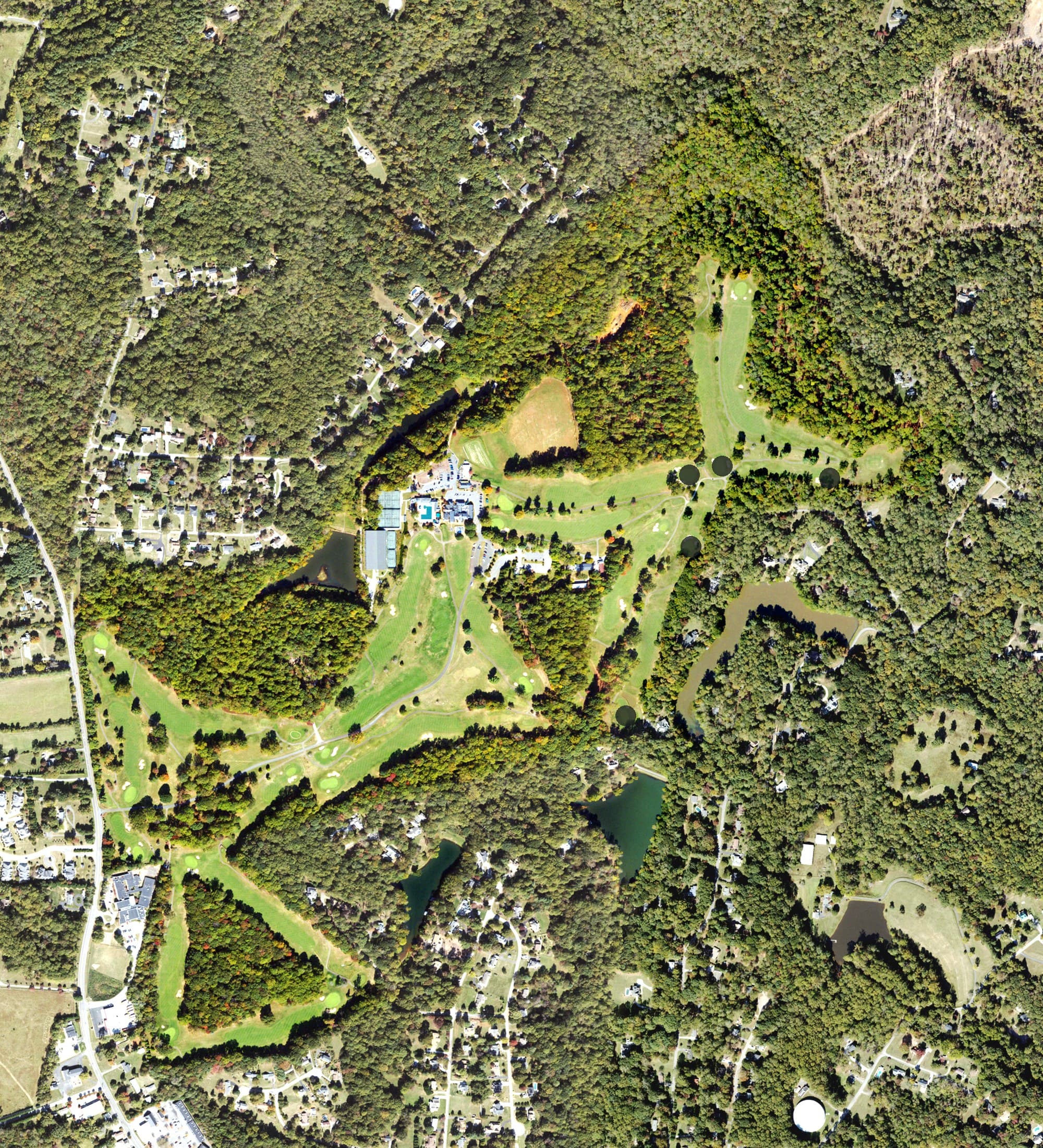 Aerial view of Boonsboro Country Club, VA, with its hole routing marked