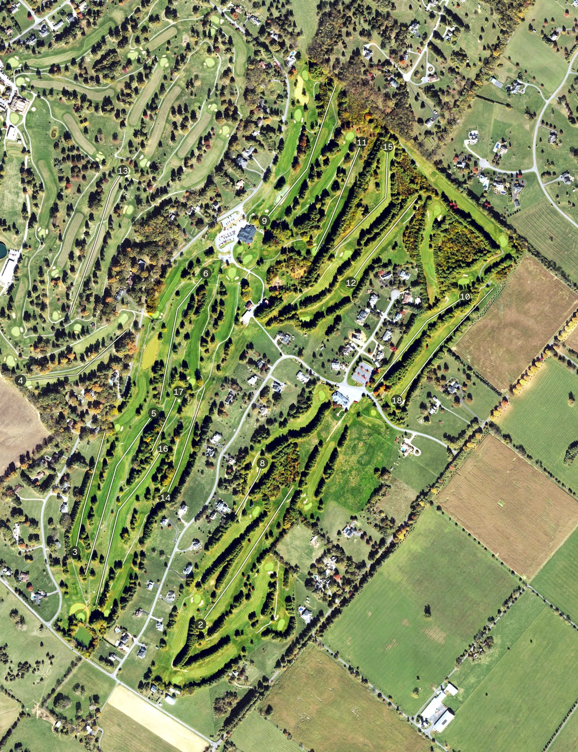 Aerial view of Bowling Green Country Club, VA, with its hole routing marked