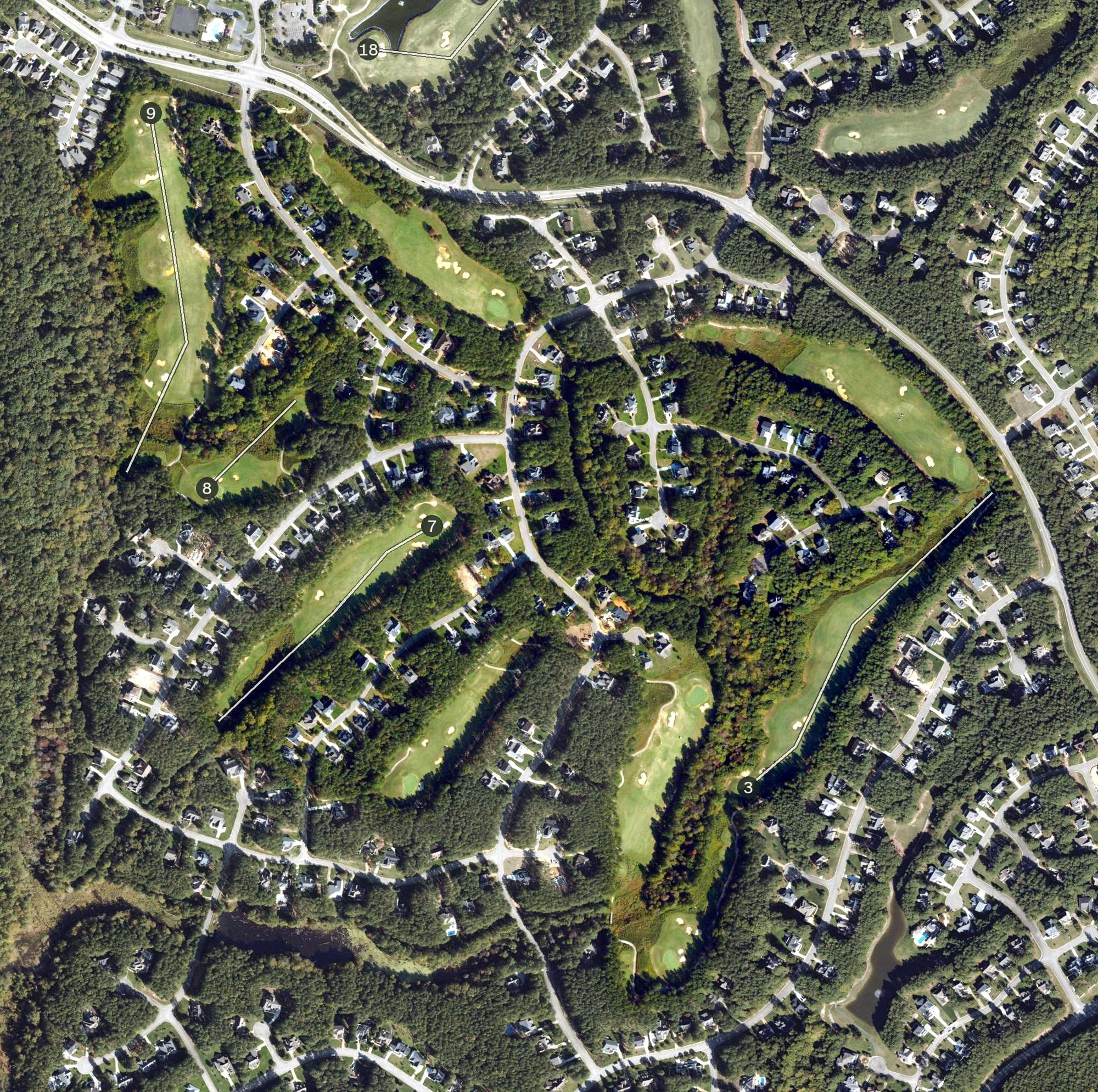Aerial view of Brickshire Golf Club, VA, with its hole routing marked