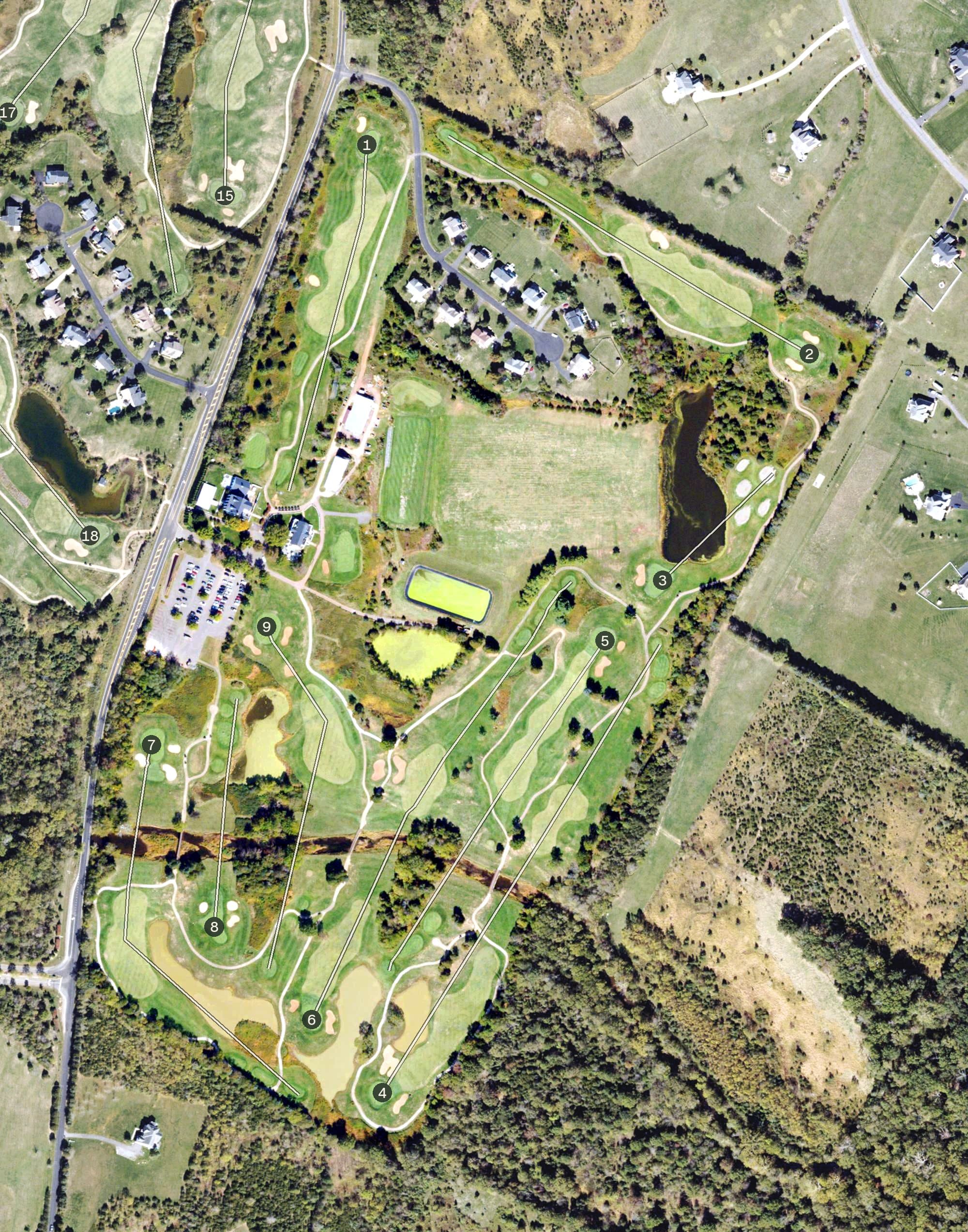 Aerial view of Bristow Manor Golf Club, VA, with its hole routing marked