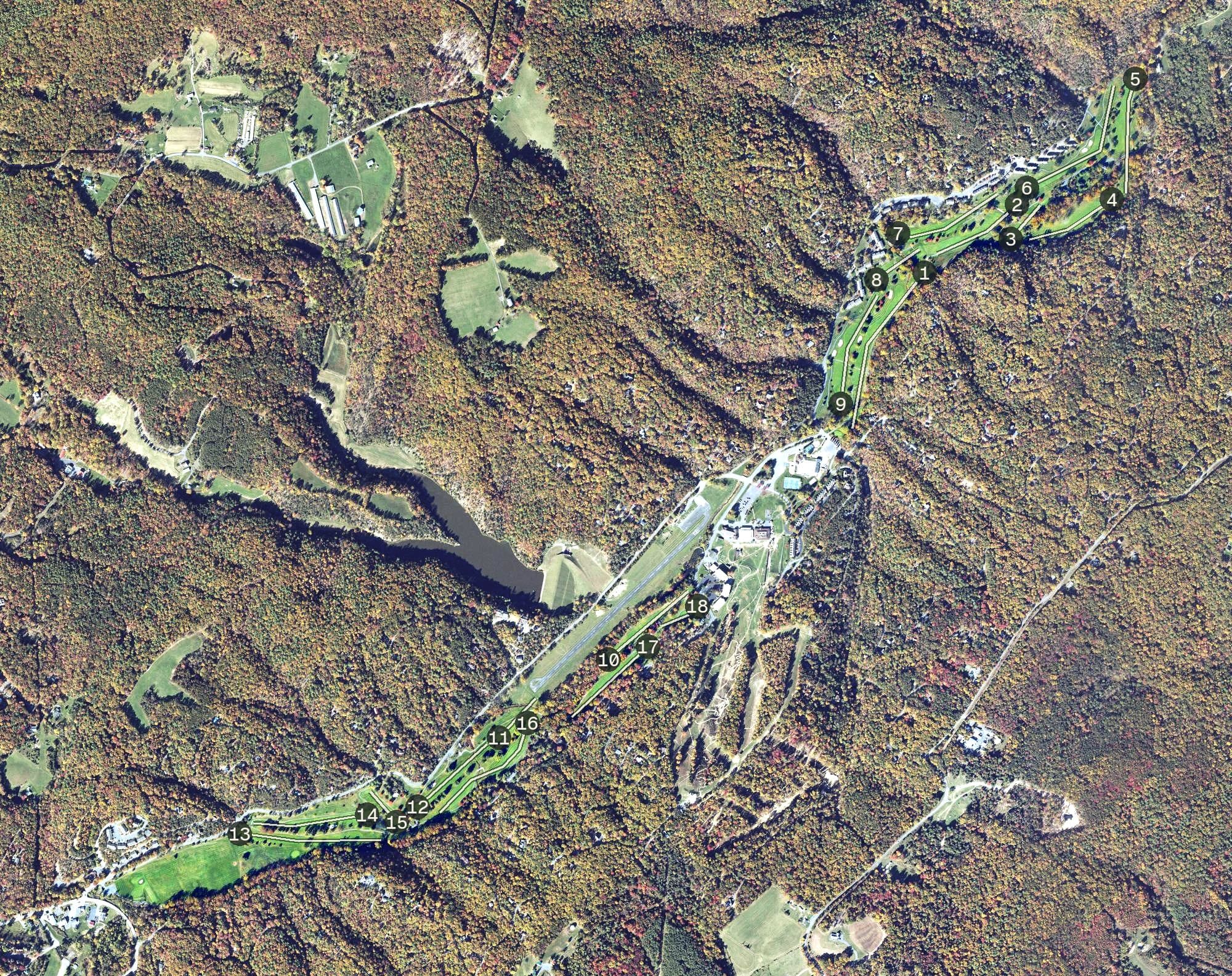 Aerial view of Bryce Resort, VA, with its hole routing marked