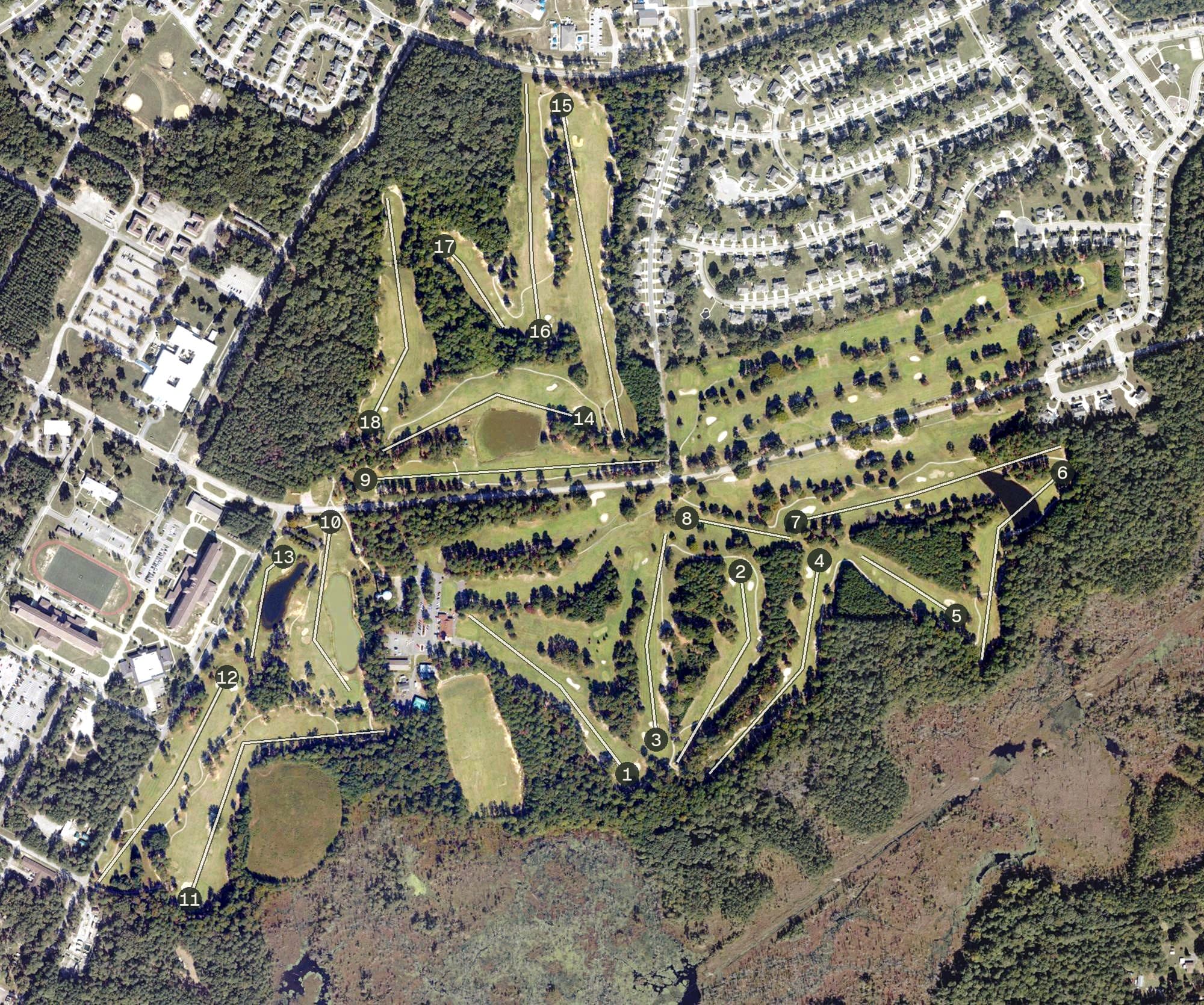 Aerial view of Cardinal Golf Course, VA, with its hole routing marked