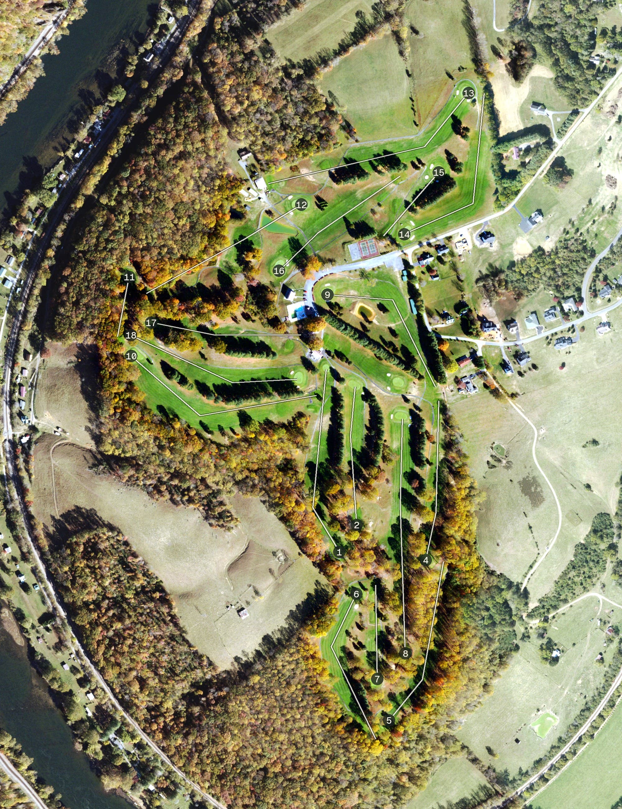 Aerial view of Castle Rock Golf & Recreation, VA, with its hole routing marked