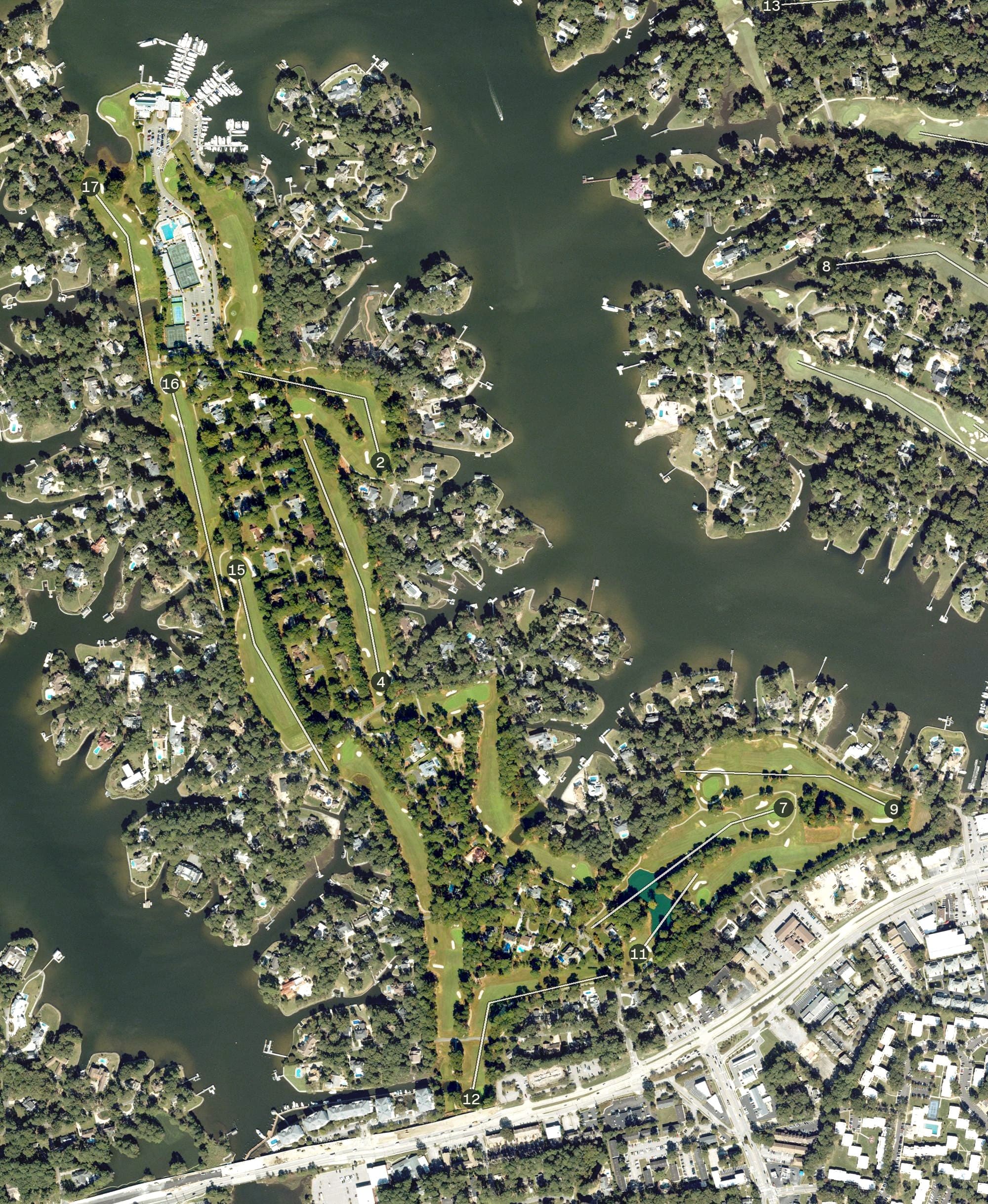 Aerial view of Cavalier Golf & Yacht Club, VA, with its hole routing marked
