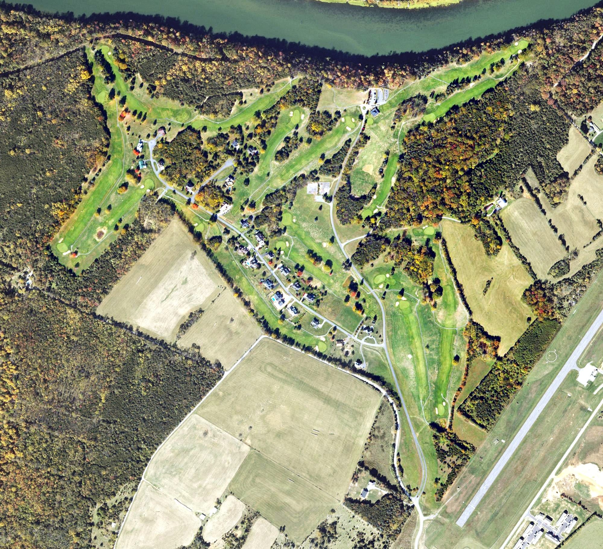 Aerial view of Caverns Country Club Resort, VA, with its hole routing marked