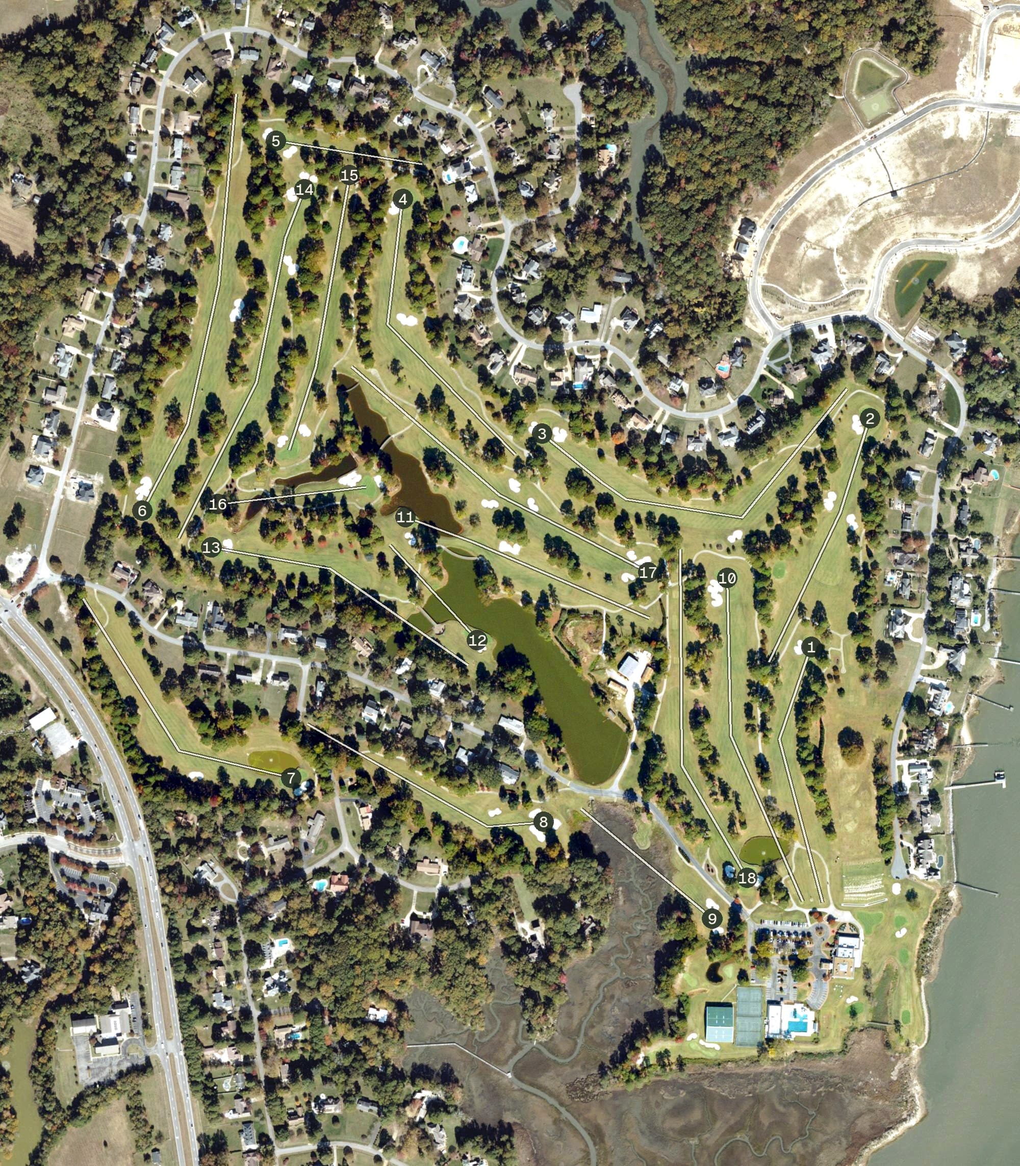 Aerial view of Cedar Point Country Club, VA, with its hole routing marked