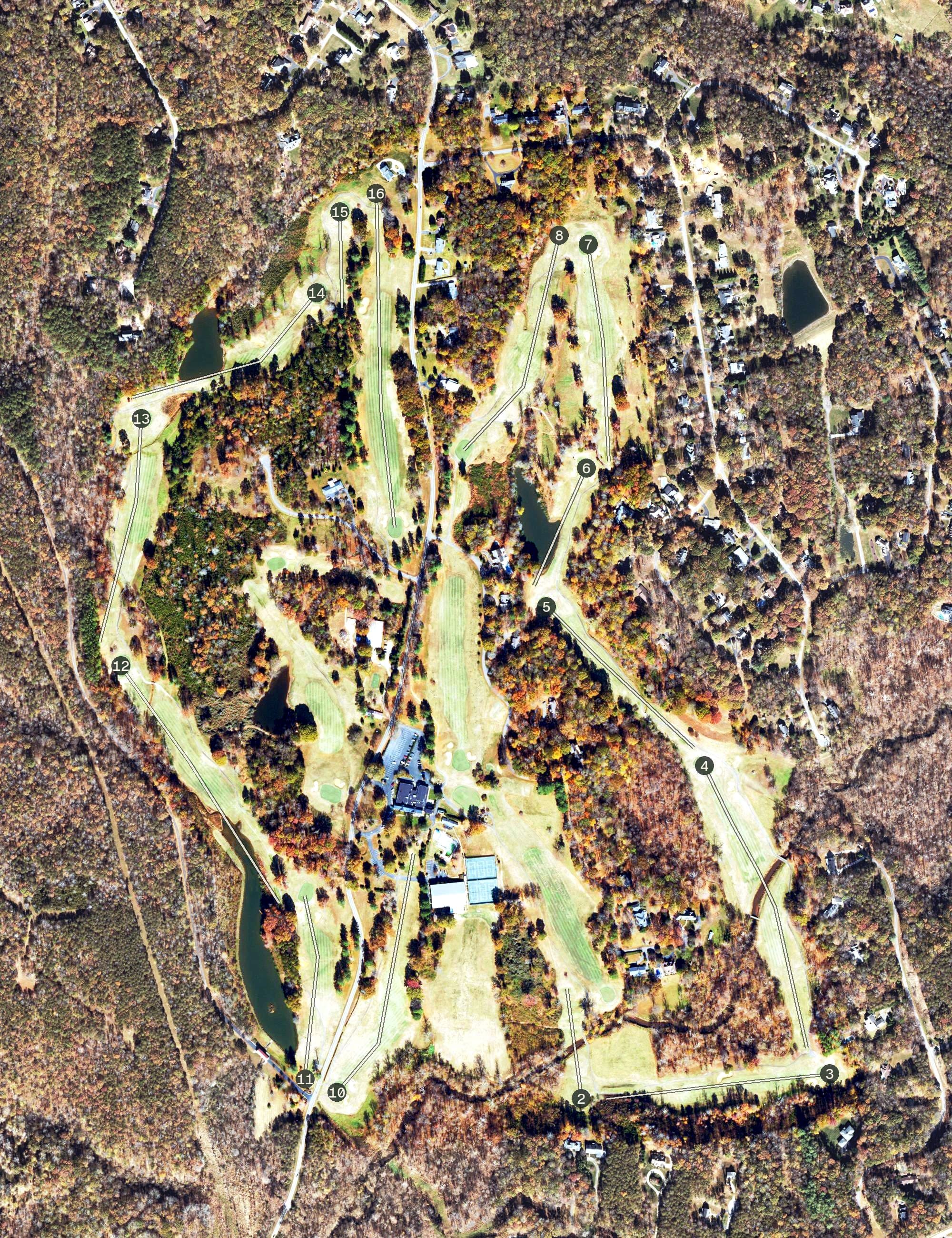 Aerial view of Chatmoss Country Club, VA, with its hole routing marked