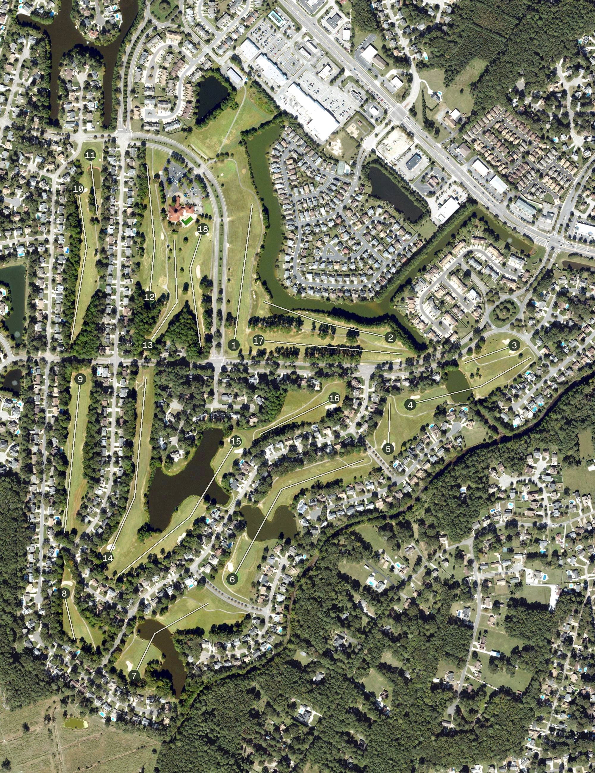 Aerial view of Chesapeake Golf and Country Club, VA, with its hole routing marked