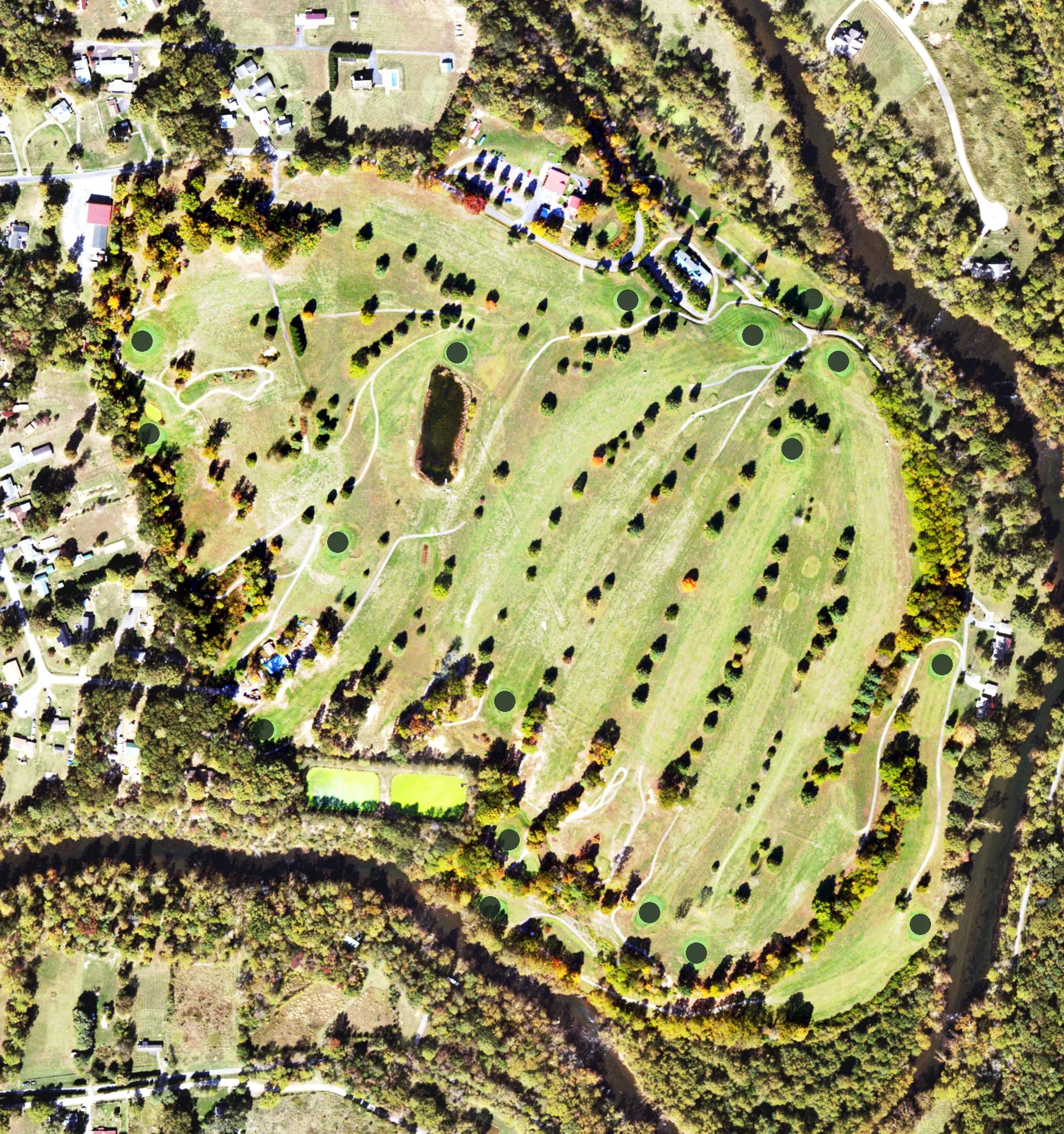 Aerial view of Cliff View Golf Course, VA, with its hole routing marked