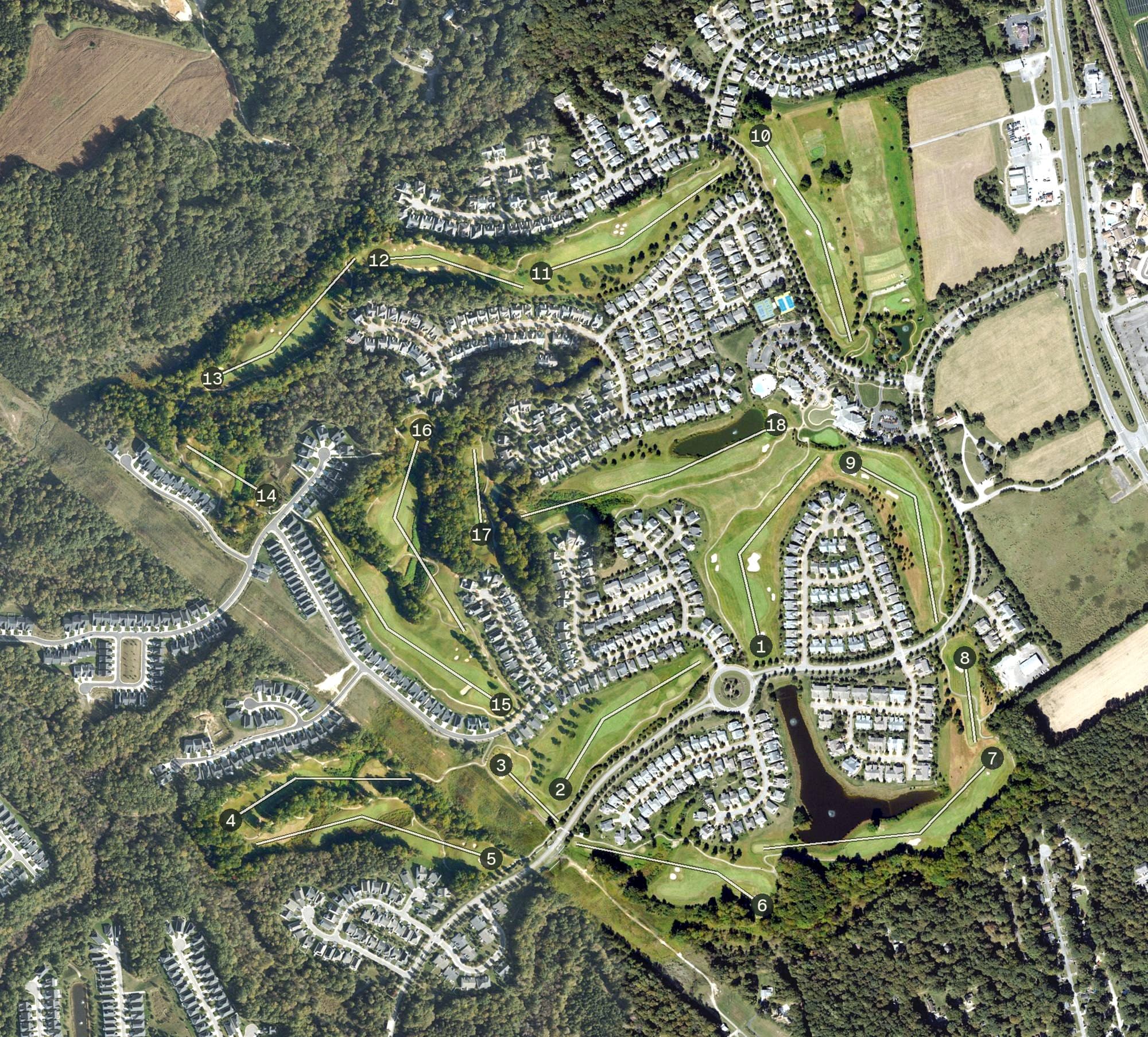 Aerial view of Colonial Heritage Golf Club, VA, with its hole routing marked