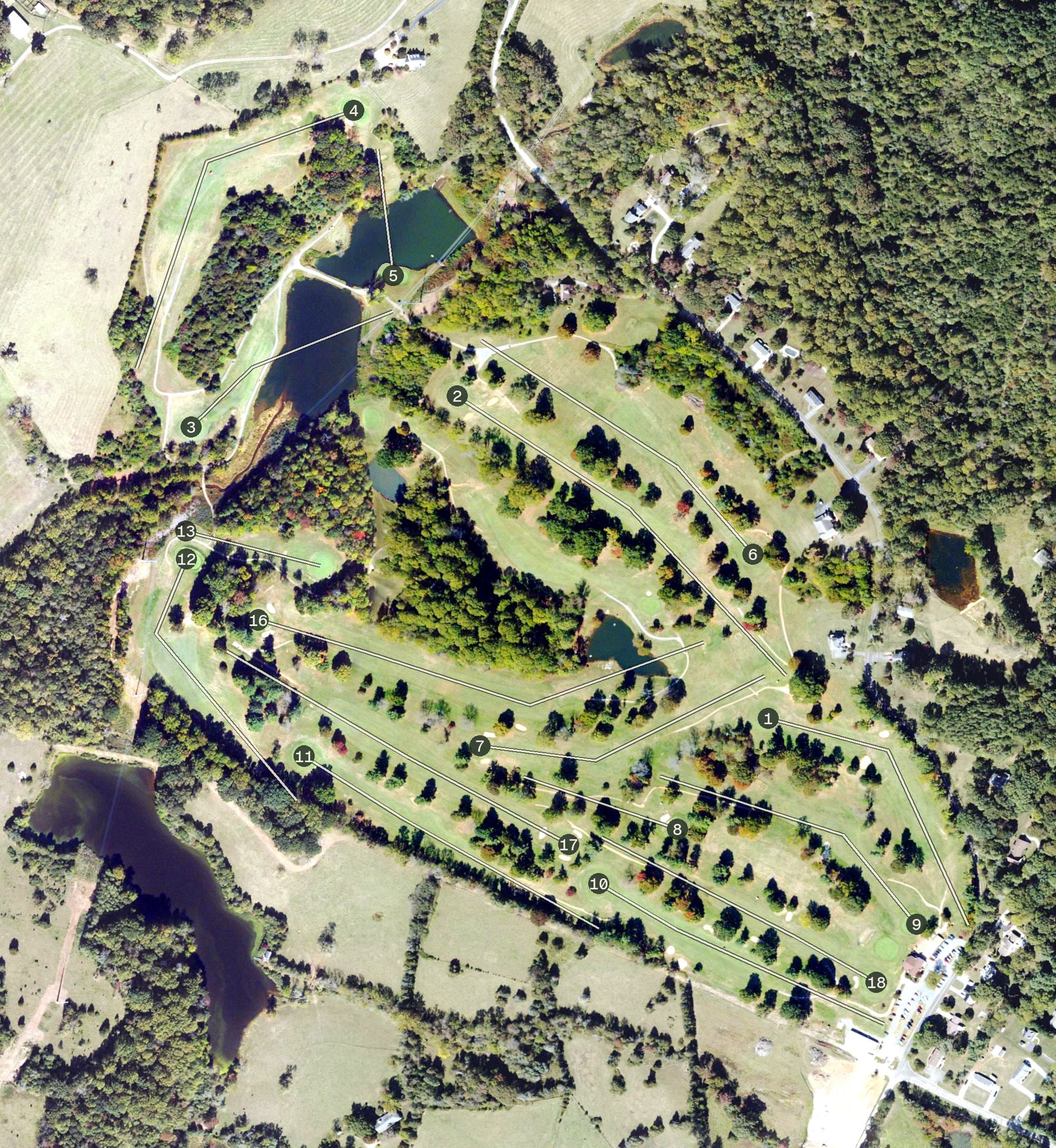 Aerial view of Colonial Hills Golf Club, VA, with its hole routing marked