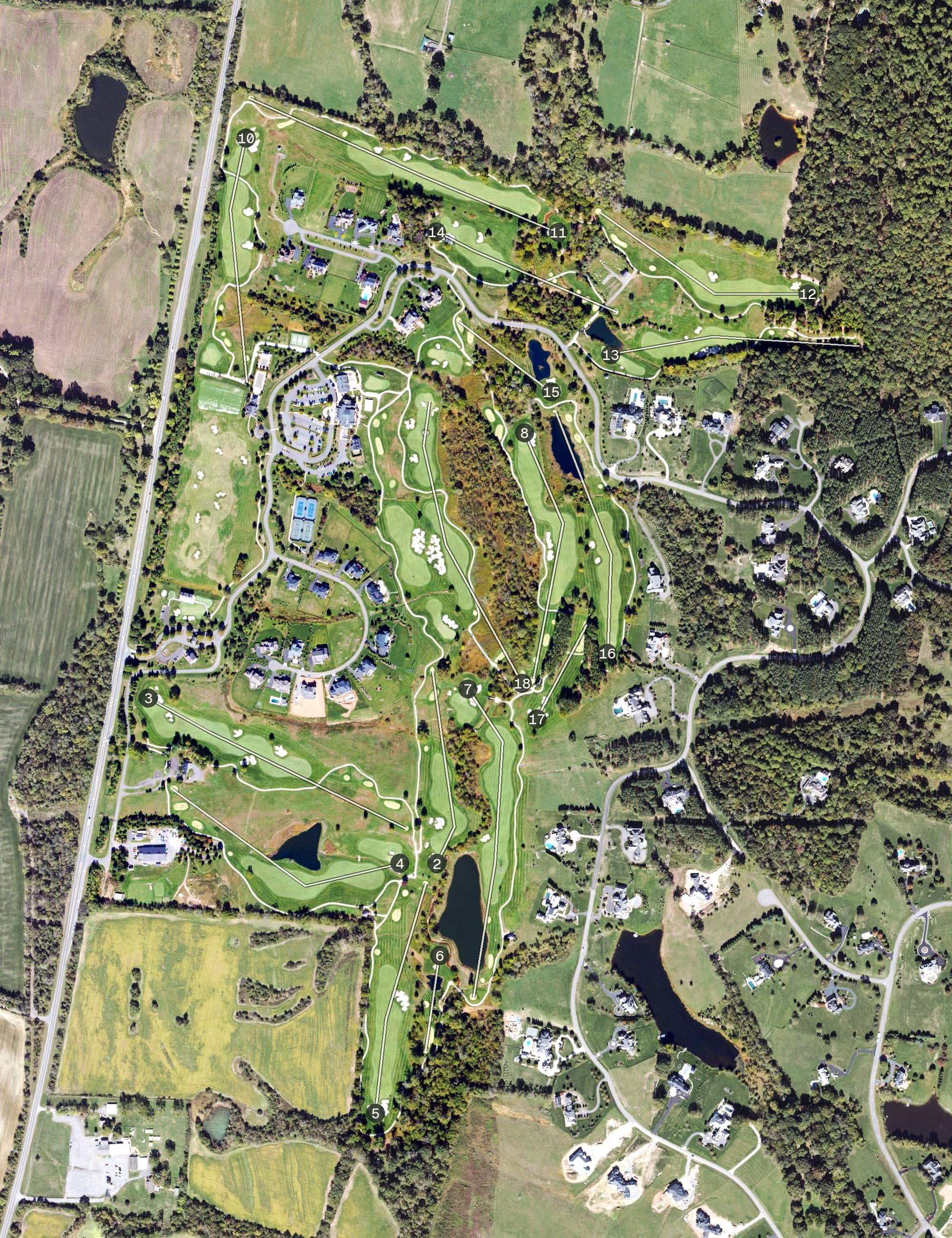 Aerial view of Creighton Farms Golf Club, VA, with its hole routing marked