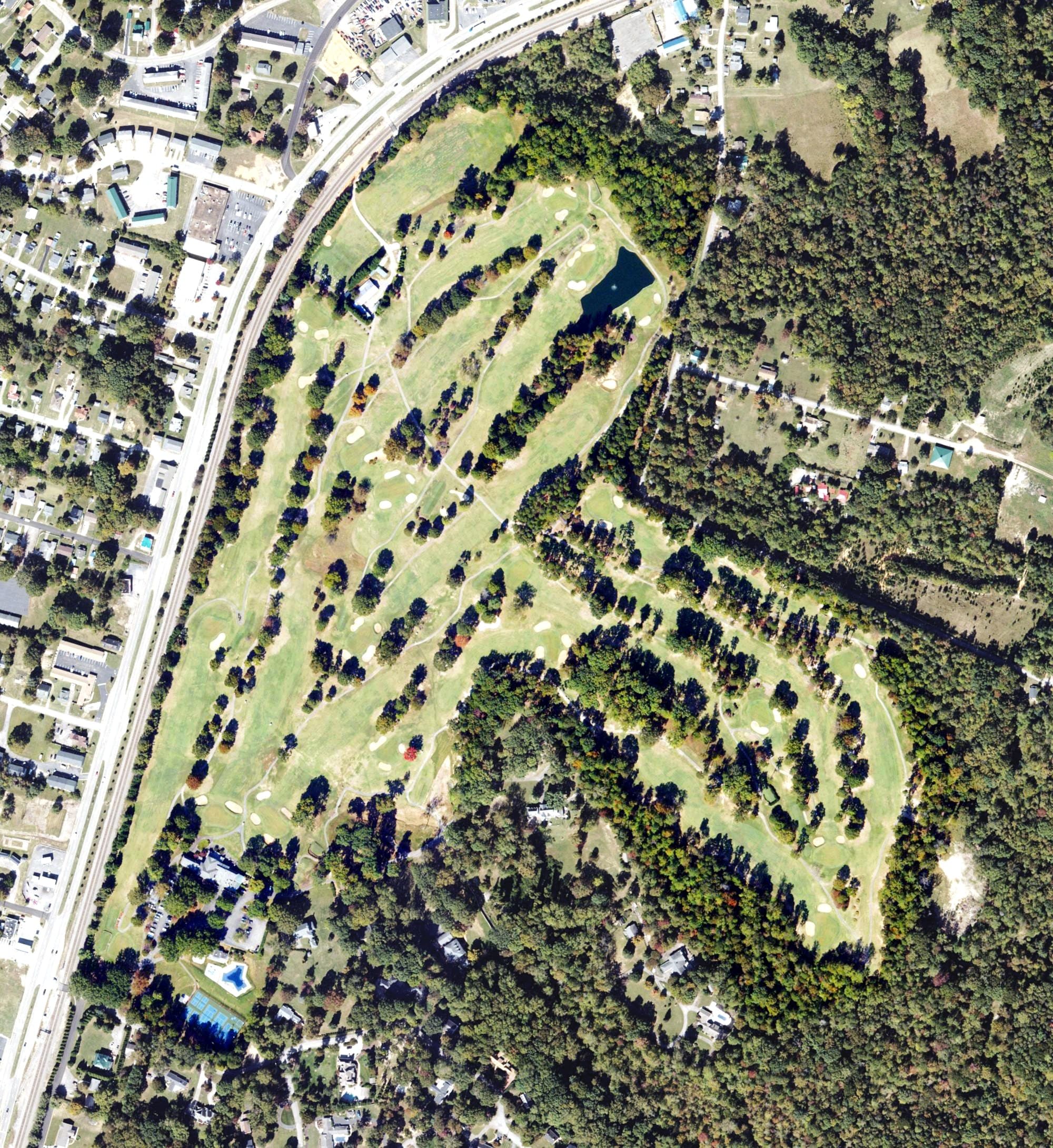 Aerial view of Danville Golf Club, VA, with its hole routing marked