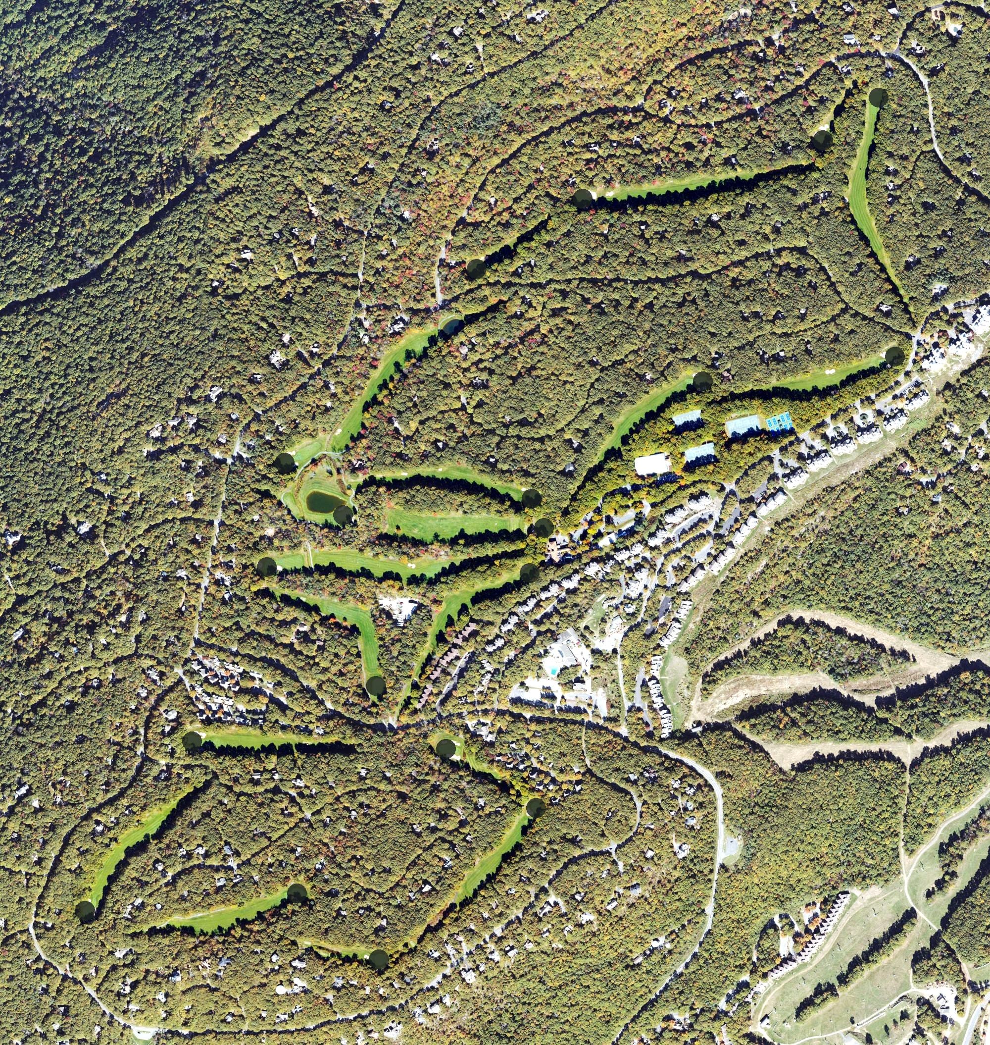 Aerial view of Devil's Knob Golf Course, VA, with its hole routing marked