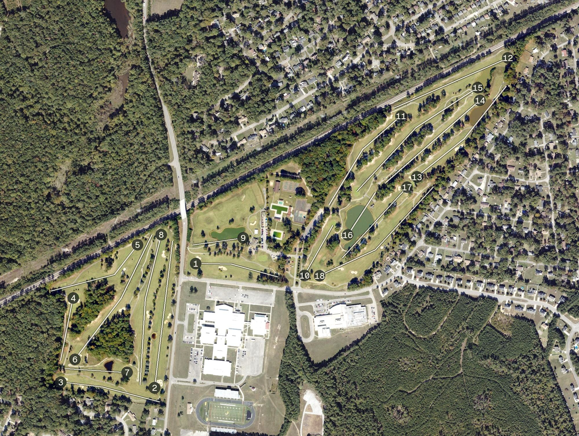 Aerial view of Dogwood Trace Golf Course, VA, with its hole routing marked