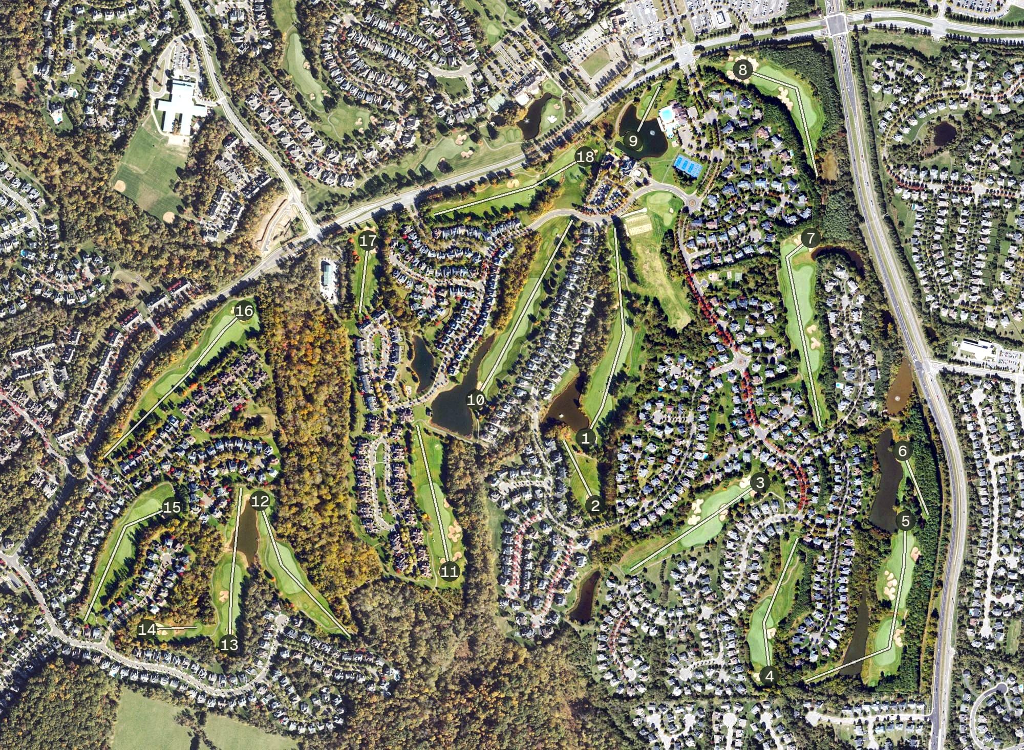 Aerial view of Dominion Valley Country Club, VA, with its hole routing marked