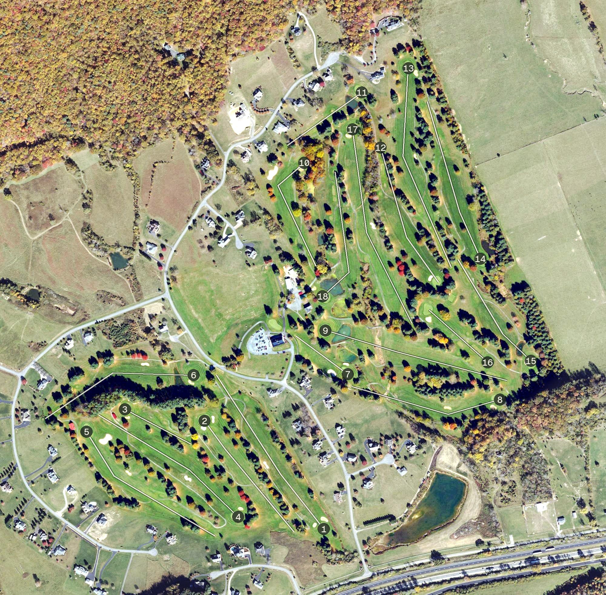 Aerial view of Draper Valley Golf Club, VA, with its hole routing marked