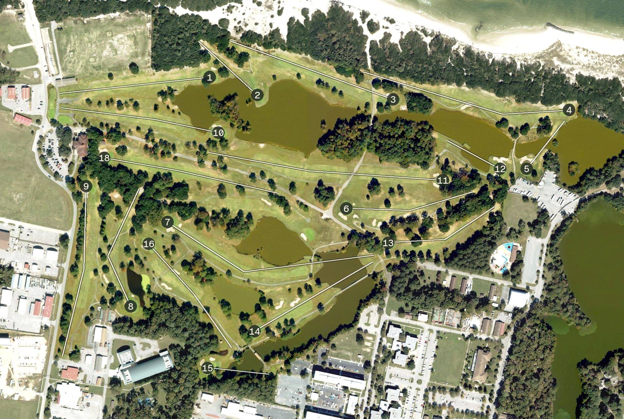 Aerial view of Eagle Haven Golf Course, VA, with its hole routing marked