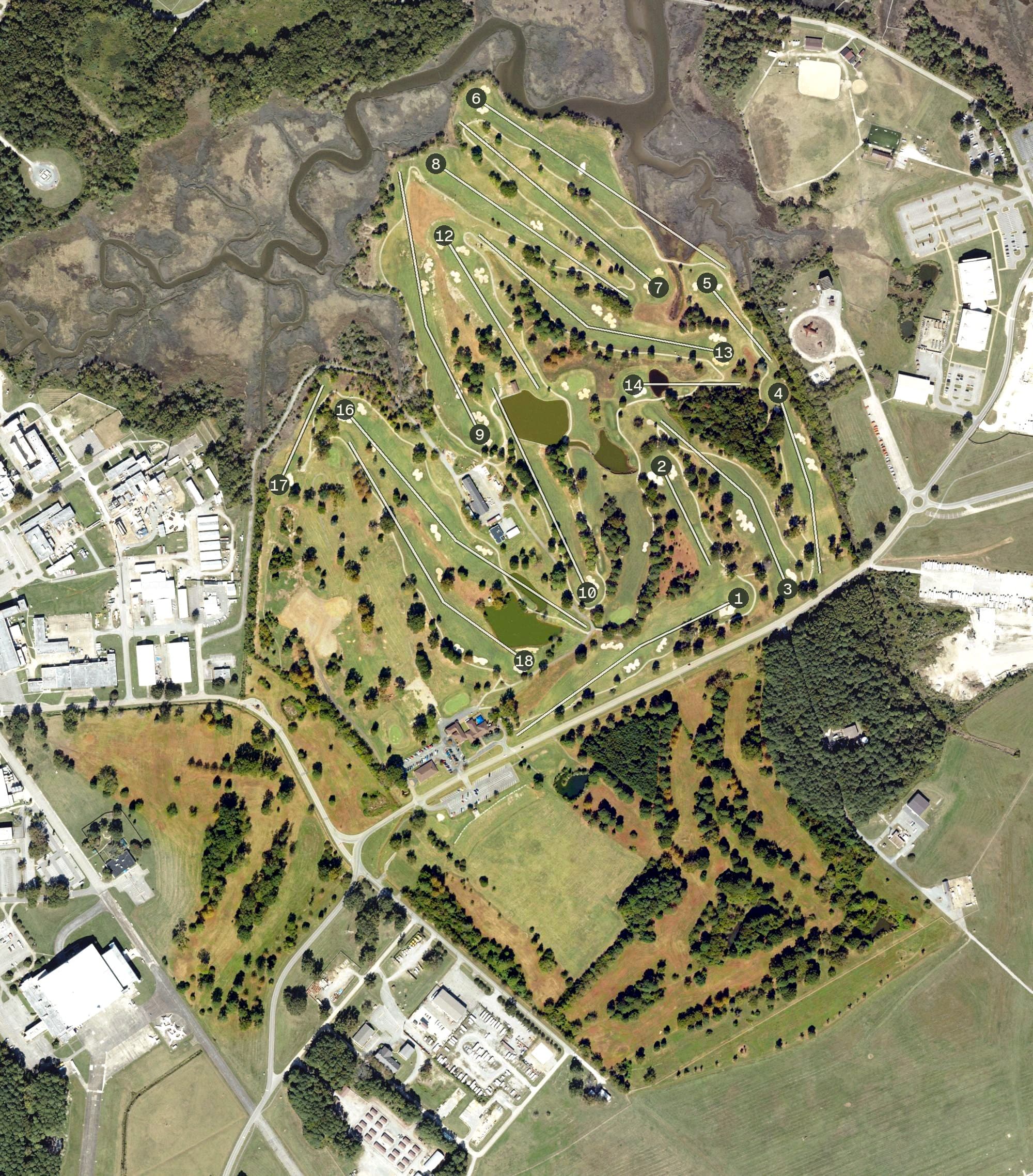 Aerial view of Eaglewood Golf Course, VA, with its hole routing marked