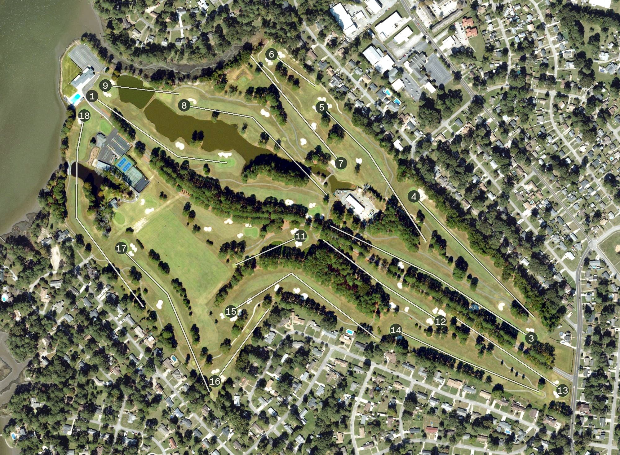 Aerial view of Elizabeth Manor Golf & Country Club, VA, with its hole routing marked