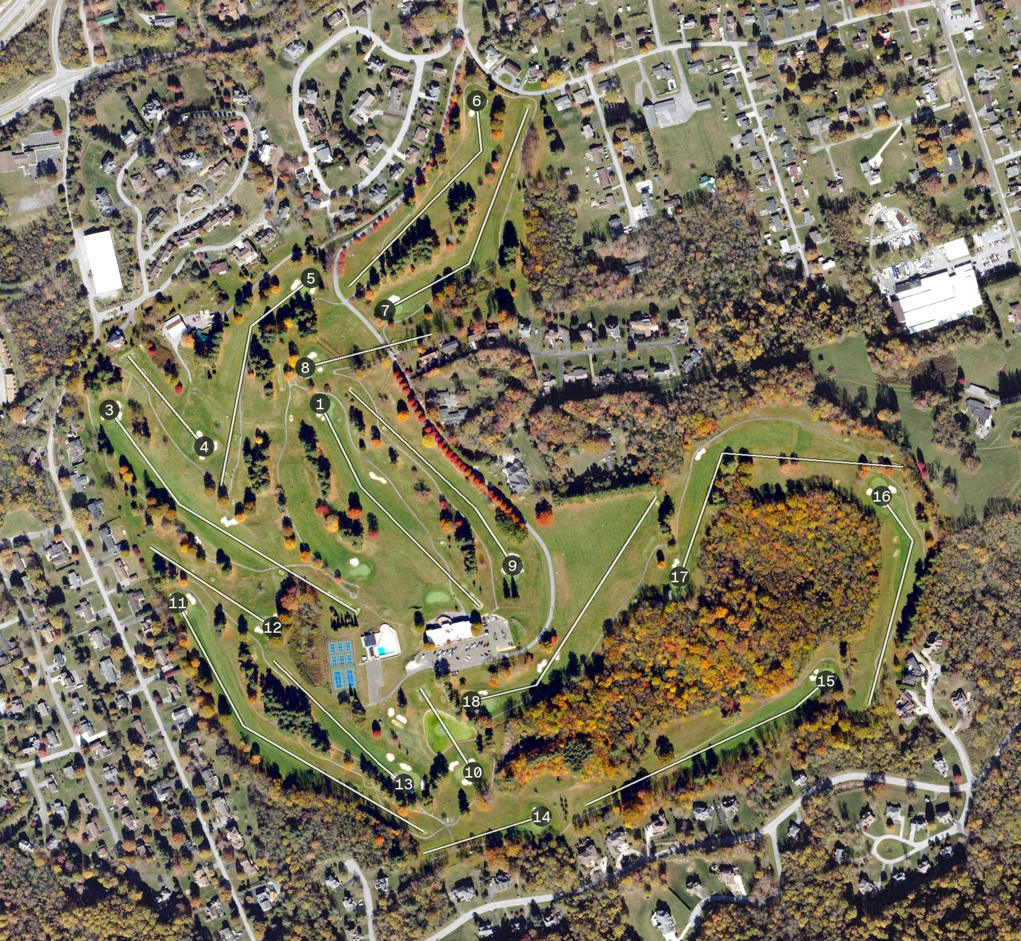 Aerial view of Fincastle Golf Course, VA, with its hole routing marked